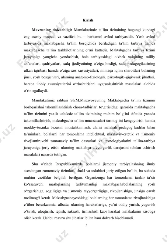 yoshdagi bolalarni harakat faoliyatini rivojlantirishda didaktik o‘yinlarning o‘ziga xos xususiyatlari o‘rganish jarayoni. kurs ishi materiallarining ilmiy va amaliy ahamiyati: kurs ishida asoslangan tavsiyalar, ilmiy qarashlar maktabgacha yoshdagi bolalarni jismonan rivojlantirishda foydalanish mumkin. kurs ishining tuzilishi: kirish, asosiy qism: ikki bob, va xulosalar. ii. bob. didaktik o‘yinlarning pedagogik ahamiyati 1.1. didaktik o‘yinlarning ta’limiy va tarbiyaviy ahamiyati mamlakatimiz ta`lim tizimining bugungi kundagi eng asosiy maqsad va vazifasi bu – barkamol avlod tarbiyasidir. yosh avlod tarbiyasida maktabgacha ta’lim bosqichida beriladigan ta’lim tarbiya hamda maktabgacha ta’lim tashkilotlarining o‘rni kattadir. maktabgacha tarbiya tizimi jarayoniga yangicha yondashish, bola tarbiyasidagi o‘zbek xalqining milliy an’analari, qadriyatlari, xalq ijodiyotining o‘ziga hosligi, xalq pedagogikasining ulkan tajribasi hamda o‘ziga xos xususiyatlari, mintaqa iqlim sharoitlari bolaning jinsi, yosh bosqichlari, ularning anatomo-fiziologik, psixologik–gigiyenik jihatlari, barcha ijobiy xususiyatlarini o‘zlashtirishni uyg‘unlashtirish masalalari alohida o‘rin egallaydi. mamlakatimiz rahbari sh.m.mirziyoyevning maktabgacha ta’lim tizimini boshqarishni takomillashtirish chora-tadbirlari to‘g‘risidagi qarorida maktabgacha ta’lim tizimini yaxlit uzluksiz ta’lim tizimining muhim bo‘g‘ini …