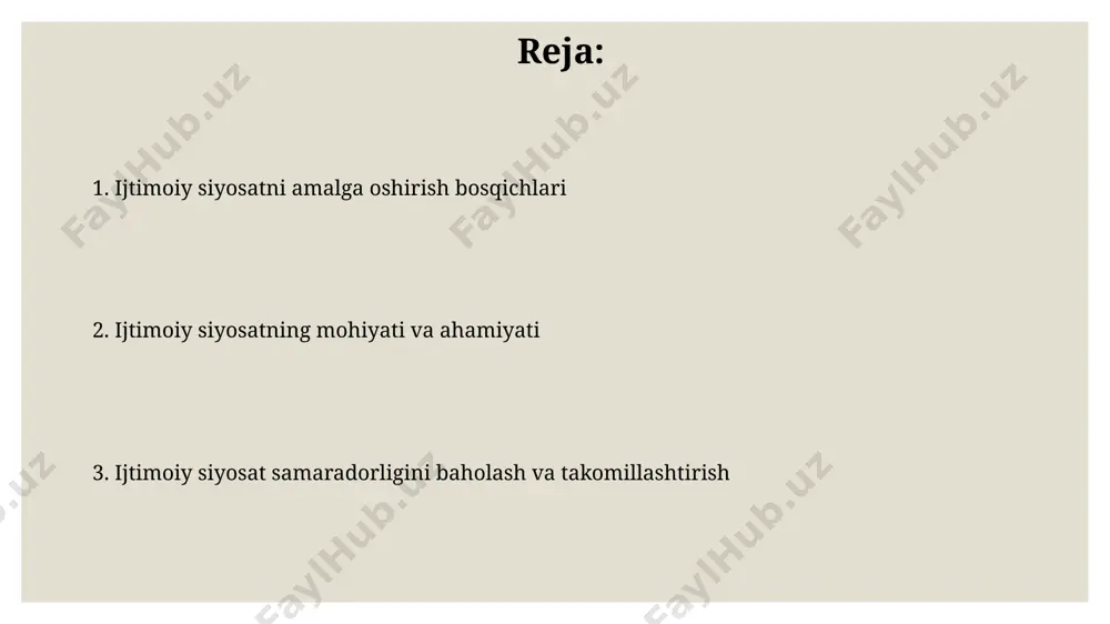 ʻshimcha yordam koʻrsatildi va ijtimoiy nafaqalar miqdori oshdi. siyosatni tanlash va qabul qilish 2022-yilda oʻzbekistonda qabul qilingan “yoshlarni qoʻllab-quvvatlash va ijtimoiy himoya qilish” davlat dasturi, 5 ta asosiy yoʻnalish boʻyicha 100 dan ortiq tadbirlarni oʻz ichiga oladi va hududiy ijtimoiy xizmat koʻrsatish markazlarining faoliyatini kengaytirishni nazarda tutadi. toshkent shahrida ijtimoiy siyosatni amalga oshirishda elektron hukumat tizimlaridan foydalanish 20% ga oshdi, bu fuqarolarga 5 turdagi ijtimoiy xizmatlardan onlayn tarzda foydalanish imkoniyatini beradi. dasturlarni ishlab chiqish va joriy etish 2022-yilda toshkent shahrida qabul qilingan ijtimoiy siyosat dasturi, 3 bosqichda amalga oshirilib, 1-bosqichida 500 ming fuqaroning ijtimoiy himoyasini kuchaytirishga qaratilgan. samarqand viloyatida 2023-yil uchun ishlab chiqilgan ijtimoiy sug’urta tizimini takomillashtirish bo’yicha dastur, budjetdan 15 milliard so’m mablag’ ajratishni nazarda tutib, 2 yil davomida amalga oshiriladi. siyosatni amalga oshirish strategiyasi samarqand viloyatida aholining ijtimoiy himoyasi strategiyasini amalga oshirish doirasida 2023-yilning birinchi choragida 5000 dan ortiq kam ta'minlangan oilaga naqd pul yordami va oziq-ovqat mahsulotlari …