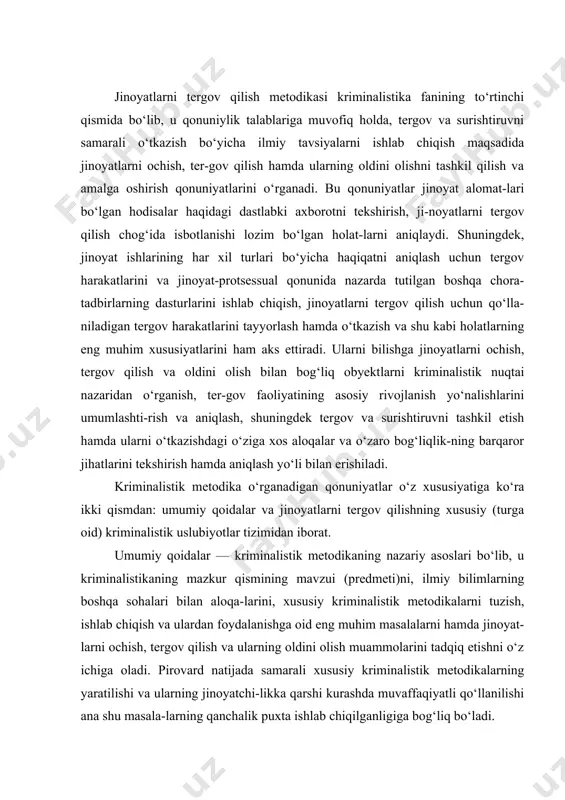 hqa sohalari bilan aloqa-larini, xususiy kriminalistik metodikalarni tuzish, ishlab chiqish va ulardan foydalanishga oid eng muhim masalalarni hamda jinoyat-larni ochish, tergov qilish va ularning oldini olish muammolarini tadqiq etishni o‘z ichiga oladi. pirovard natijada samarali xususiy kriminalistik metodikalarning yaratilishi va ularning jinoyatchi-likka qarshi kurashda muvaffaqiyatli qo‘llanilishi ana shu masala-larning qanchalik puxta ishlab chiqilganligiga bog‘liq bo‘ladi. xususiy metodlar kriminalistika fanining pirovard «mahsuloti» bo‘lib, amaliy xususiyatga ega bo‘lgan hamda tergovchilar va surishtiruvchilarga jinoyatlarning har xil turlarini ochish, tergov qilish va bartaraf etishda ularning ishlarini muvofiqlashtirish uchun mo‘ljallangan, nazariy jihatdan asoslangan tavsiyalar majmuidan iboratdir kriminalistik metodikalarning umumiy qoidalaridan farqli o‘laroq xususiy uslubiyotlar bu — jinoyatlarning ayrim turlarini ochish, tergov qilish va jinoyatchilikni bartaraf etishni tashkil qilish bo‘yicha uslubiy toifalashtirilgan tizimidir. kriminalistik tavsiyalar — jinoyatlarning muayyan turla-rini ochish, tergov qilish va ularning oldini olishni tashkil etish hamda amalga oshirish bo‘yicha ilmiy ishlab chiqilgan va amalda tekshirilgan qoidalar (takliflar)dir. har bir xususiy uslubiyot amalda turli …