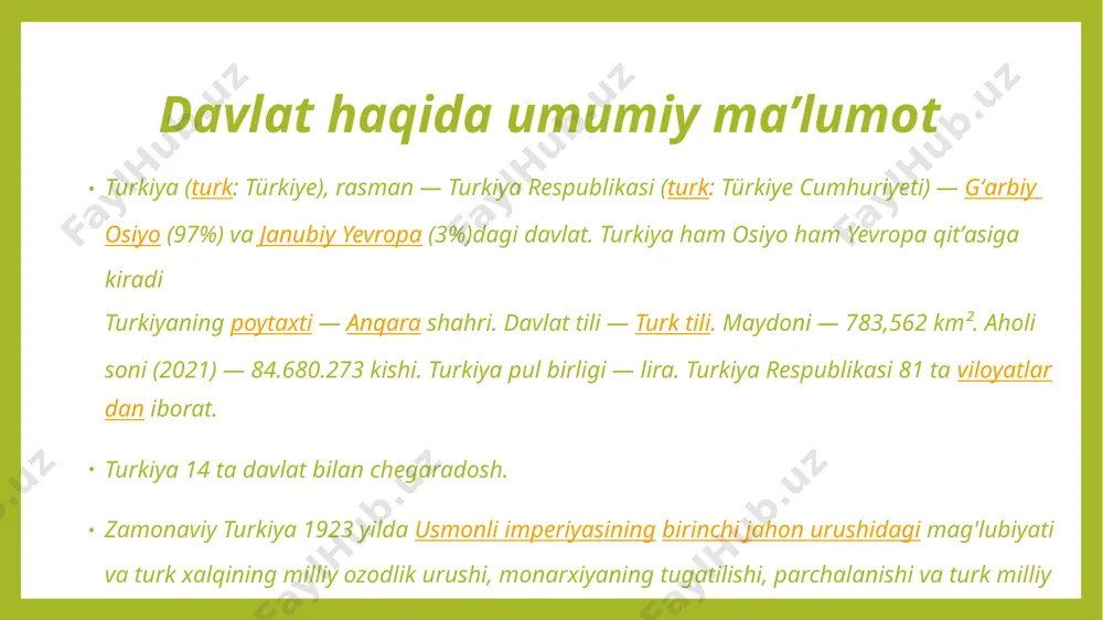 ip erdoʻgʻon • vitse-prezident fuat oktay mustaqillik (respublikani e'lon qilish) • sana 29-oktabr, 1923-yil maydon • butun 783,562 km2 (37-oʻrin) • suv (%) 1.3 aholi • 2017-yilgi roʻyxat 80,810,525 (16-oʻrin) • zichlik 89/km2 yim (xqt) 2017-yil roʻyxati • butun aqsh$ 848 mlrd (17-oʻrin) • jon boshiga aqsh$ 13,511 pul birligi turk lirasi (tl) vaqt mintaqasi utc+3 • yoz (dst) utc+3 qisqartma tr telefon prefiksi 90 internet domeni .tr tabiati turkiya tabiati nihoyatda rangbarang va jozibador. barish oʻzbek relyefining aksari togʻ va yassitogʻlik; shimoliy va janubiy sohillarga parallel ravishda yastangan togʻ tizmalari orasida keng va ochiq tekislik, qir, koʻl, plato va daryolar mavjud. shimolida qora dengiz sohiliga yondosh ravishda shimoliy anadolu yassitogʻlari, janubda toros togʻlari, marmar dengizi tomonda somonli, ulutogʻ, istranja va tekirtogʻlar, egey dengizi tomonda qozaq, yunt va oydin togʻlari, oʻrta anadoluda qiziltogʻ, raman va soʻf togʻlari, sharqiy anadoluda agʻri togʻlari (bu togʻda turkiyaning eng baland nuqtasi boʻlgan buyuk agʻri …