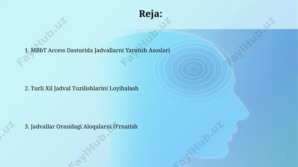 ta belgidan oshmasligi kerak, aks holda xatolik yuz beradi. jadval tuzilmalarini yaratishga kirish mbbt accessda jadvallarni loyihalashda normalizatsiya qoidalari (1nf, 2nf, 3nf) ga rioya qilish ma'lumotlar ortiqchaligini kamaytiradi va ma'lumotlar bazasining samaradorligini yaxshilaydi. bog'lanishlar (bir-ko'p, ko'p-ko'p)ni to'g'ri o'rnatish orqali 5 ta yoki undan ortiq jadval o'rtasida samarali ma'lumot almashinuvini ta'minlash mumkin. asosiy kalitlar va indekslar indekslar ma'lumotlar bazasida ma'lumotlarni tezroq qidirish va saralash uchun ishlatiladi, bu esa so'rovlarning bajarilish tezligini sezilarli darajada oshirishi mumkin, masalan, 1000 ta yozuvli jadvalda. asosiy kalitlar jadvaldagi har bir yozuvni noyob tarzda aniqlash uchun ishlatiladi va odatda raqamli maydon (masalan, avtomatik ravishda oshirilgan id) yoki bir nechta maydonlarning kombinatsiyasi bo'lishi mumkin. xavfsizlik va ruxsatlarni sozlash mbbt access orqali 1000 tagacha foydalanuvchini ro'yxatdan o'tkazish va ularning har biriga individual yoki guruhli ruxsatnomalarni belgilash mumkin. har bir foydalanuvchi uchun alohida ruxsatnomalarni belgilash orqali, ma'lumotlarga kirishni 7 ta turli darajada cheklash imkoniyati mavjud. birinchi normal shakl (1nf) 1nf …