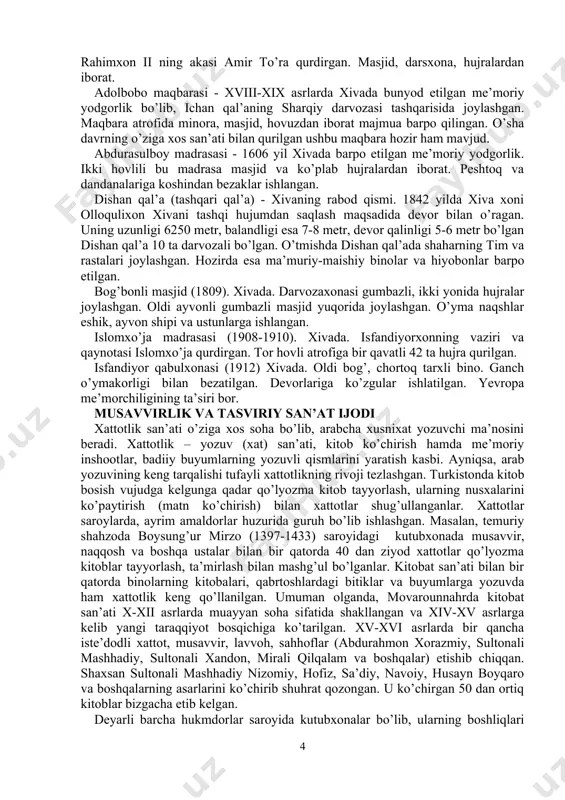 oqulixon madrasasi (1832), muhammad aminxon madrasasi ham qoshinlar bilan bezatilgan. bu madrasa yonidagi kaltaminor ham moviy tusdagi qoshin bilan qoplangan. bundan tashqari olloqulixon karvonsaroyi va bozor (1835) hamda polvon darvoza (muhammad rahimxon davrida 1806 y qurilgan) o’sha davr me’morchiligining yorqin namunasidir. xiva shahridagi bu ajoyib binolar ko’xna urganch me’morchiligi an’analarining vorislari tomonidan yaratiladi va bu vorislar avlodning zaminga bo’lgan mehru-muhabbatlari, o’tmish merosga bo’lgan ihlosining yorqin namunasidir. hiva xoni anushaxon (asl ismi abulmuzaffar muhammad, abulg’oziy bahodirxonning o’g’li) hukmronligi davrida (xvii asr) me’moriy binolardan kot va shohobod qal’alari qurilgan. qoraqalpog’istondagi sulton vays bobo va xivadagi pahlavon mahmud maqbaralari, oq masjid ta’mirlangan. «shajarai turk» asari oxiriga yetkazilgan. anushaxon hammomi - 1657 yilda xivada bunyod etilgan me’moriy yodgorlik. ichan qal’adagi oq masjid yonida abulg’oziy bahodirxon tomonidan o’g’li anushaxonning karmanadagi g’alabasi sharafiga qurilgan. ichki tomoni suvalgan bo’lib, hyech qanday bezak yo’q. 1984 yilda ta’mirlanib, ishga tushirilgan. muzrobshoh xorazmiy maqbarasi (xvi-xviii asrlar). xorazm viloyatida. maqbara rivoyatga …