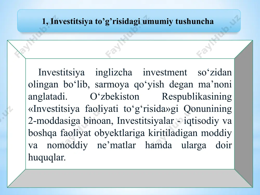 , foizlarni hisoblash demakdir. diskontlash korxonaga investor qancha miqdorda eng ko‘p moliyaviy resurslar sarflashi ва eng ko‘p darajada qancha daromad olishini aniqlashga imkon yaratadi. ushbu holatda diskontlash formulasi quyidagicha: joriy qiymat aniq bo‘lsa kq= jq *(1+p)n diskontlash formulasi yordami bilan sarflangan sarmoyaning qoplanish muddatlarini ва uning sotuvning dastlabki narxi sifatida baholanuvchi jq hajmini aniqlash mumkin. jq= kq/(1+p)n jq – dastlabki kapital miqdori kq – davr oxiridagi kapital (investitsiya miqdori) p – foiz stavkasi n-yillar uzoq umr ko’ring e’tiboringiz uchun raxmat image1.png image2.png image5.jpeg image6.jpeg image7.png image3.jpeg image9.jpeg image10.png image12.jpeg image13.wmf /docprops/thumbnail.jpeg