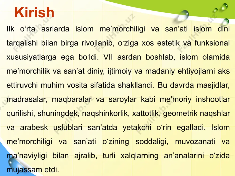 iq va suls kabi boshqa xattotlik uslublari rivojlanib, yanada oqimli va egiluvchan shakllarni taqdim etdi. mintaqaviy uslublar va ularning shakllanishi islom san’ati o‘zining global tarqalishi davomida turli mintaqalarda o‘ziga xos uslublarni shakllantirdi. bu uslublar mahalliy madaniyatlar, iqlim sharoitlari va mavjud resurslar ta’sirida rivojlandi. eron, markaziy osiyo, andalusiya va misr kabi mintaqalarda islom me’morchiligi va san’ati o‘ziga xos xususiyatlarga ega bo‘ldi. shu bilan birga, markaziy osiyodagi registon, buxoro va samarqand kabi shaharlarda dastlabki me’moriy yodgorliklar ushbu san’atning muhim namunalarini taqdim etadi. eron, markaziy osiyo, andalusiya va misrda islom me’morchiligi eron islom me’morchiligida muhim markazlardan biri bo‘lib, bu yerda masjidlar, madrasalar va maqbaralar murakkab naqshlar va rang-barang plitkalar bilan bezatilgan. eron me’morchiligining o‘ziga xos xususiyati katta gumbazlar va ayvonlarning mavjudligidir. masalan, isfahondagi imom masjidi o‘zining ko‘k rangli plitkali gumbazi va murakkab mozaikalari bilan mashhur. eron san’atida xattotlik va arabeskalar alohida o‘rin tutib, ular ko‘pincha diniy va dunyoviy binolarni bezashda qo‘llanilgan. registon, buxoro, …