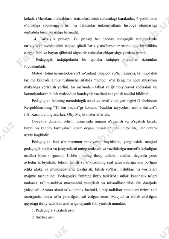 loka va munosabatlarni tekshirish, bilish yo‘llari, uslublari va vositalari majmui tushuniladi. pedagogika fanining ilmiy tadkikot usullari kanchalik to`gri tanlansa, ta’lim-tarbiya mazmunini yangilash va takomillashtirish shu darajada yuksaladi: ammo shuni ta’kidlamok lozimki, ilmiy tadkikot metodlari tizimi xali xozirgacha fanda to‘la yaratilgan, xal etilgan emas. mavjud va ishlab chikilgan quyidagi ilmiy-tadkikot usullariga tayanib fikr yuritish mumkin. 1. pedagogik kuzatish usuli. 2. suxbat usuli. 3. bolalar ijodini o‘rganish usuli. 4. so‘rovnoma, test usuli. 5. maktab hujjatlarini taxlil qilish usuli. 6. eksperiment, tajriba, sinov usuli. 7. statistika ma’lumotlarni taxlil kilish usuli. 8. matematika-kibernetika usuli. pedagogik kuzatish – odatda tabiiy kuzatish orkali o‘kuvchilarning fanlarni o‘zlashtirishlari, ularning xulk-atvori va muomalalaridagi o‘zgarishlarni hisobga olish va tegishli ta’limiy-tarbiyaviy ta’sir ko‘rsatish yo‘llarini belgilash uchun qo‘llaniladi. bu metod tadkikotchining pedagogik tajribaning muayyan bir tomoni va xodisalarini biror maksadni koo‘zda tutib idrok etish tashkil yetadi. bunda kuzatishlar tezligi va soni, kuzatish obyekti, vakti, pedagogik vaziyatlarni kuzatish uchun ajratiladigan harakteristika va xokazolar …