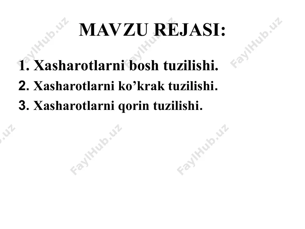 t i k tipda bo‘ladi. chunki boshning oldinga yo‘nalganligi o‘ljani tutish va hujum qilish uchun qulaydir. bulardan tashqari, ba’zan og‘iz bo‘laklari ko‘krak qismiga qaratilgan va oldingi oyoqlariga juda ham yaqinlashgan bo‘ladi. bunga o p i s t o g n a t i k t i p d a g i bosh deb aytiladi. opistognatik tipdagi bosh saratonlarda, tripslarda va boshqa sanchuvchi-so‘ruvchi hasharotlarda uchraydi. bosh o’simtalari. mo’ylovlar bo’g’imlarga bo’lingan bir juft uzun xosilalardan iborat. moylovlar xid bilish va sezish vazifasini bajaradi. mo’ylovlari juda xilma-xil tuzilgan va ularning ko’pchiligi turni aniqlashda yaxshi belgi bo’lib xizmat qiladi. mo’ylovlarni quyidagi turlari mavjud:ipsimon, qilsimon, tasbexsimon, arrasimon, taroqsimon, to’g’nog’ichsimon, plastinkasimon, tirsaksimon, patsimon va qildor. og’iz aparati-yuqorigilab, uch juft og’iz qismlari va tomoq ostligidan tashkil topgan. xasharotlarning turli usulda oziqlanishga moslashgan og’iz aparatlari bir qancha o’zgarishlarni kechirgan. kemiruvchi tipdagi og’iz aparatlari chigirtka, temirchaklar, kapalaklarning qurtlari, qo’ng’izlar va bazi to’rqanotlarning lichinkalariga mansub bo’lib, ularda og’iz aparatlarining hamma …