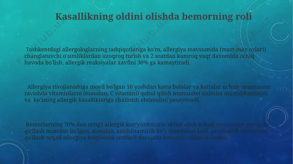 lanmaganligi bilan bog'liq. o'zbekistonning qurg'oqchil hududlarida yashovchi aholi orasida chang bo'ronlari tufayli kelib chiqadigan allergik kon'yunktivit hollari 30% ga yaqin ko'payadi. ko'zning allergik kasalliklarining 10% dan ortig'i chang, polen va uy hayvonlari juniga bo'lgan allergiya tufayli toshkent shahri aholisida kuzatiladi. ko'z organining allergik kasalliklari allergenlar, jumladan, polen va uy chang oqadlari, toshkent shahrida ko'zning allergik kasalliklariga sabab bo'luvchi asosiy omillardan biri hisoblanadi, bu 1000 kishiga 50 dan ortiq holatni tashkil qiladi. o'zbekistonning chang-to'zonli hududlarida yashovchi aholining 20% da ko'zning allergik reaktsiyalari, jumladan, qovoq shishishi va ko'z yoshining ko'payishi kuzatiladi, bu esa hayot sifatini pasaytiradi. ko'zning allergik kasalliklari, masalan, kon'yunktivit, o'zbekistonda 15-25 yoshdagi yoshlar orasida 30% gacha tarqalgan bo'lib, mavsumiy allergiya mavjud bo'lganda 70% gacha oshishi mumkin. e'tiboringiz uchun rahmat @taqdimot_robot image3.png