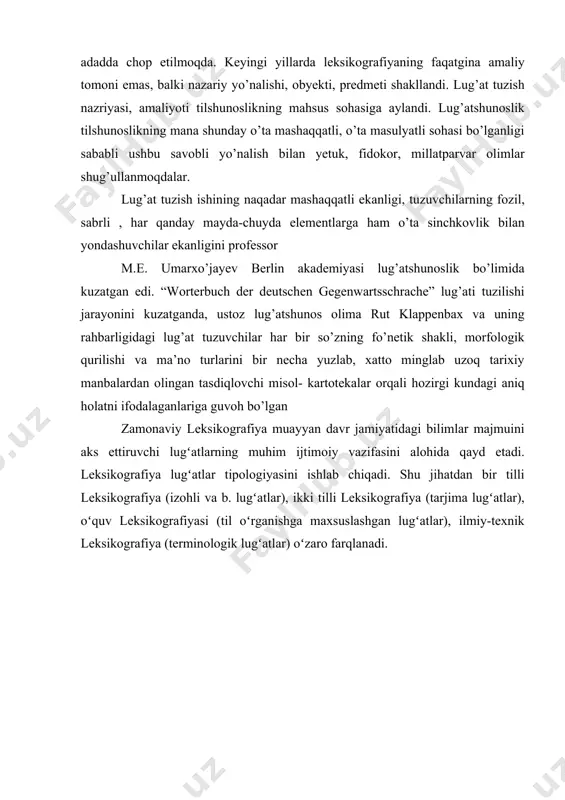 ixiy manbalardan olingan tasdiqlovchi misol- kartotekalar orqali hozirgi kundagi aniq holatni ifodalaganlariga guvoh bo’lgan zamonaviy leksikografiya muayyan davr jamiyatidagi bilimlar majmuini aks ettiruvchi lugʻatlarning muhim ijtimoiy vazifasini alohida qayd etadi. leksikografiya lugʻatlar tipologiyasini ishlab chiqadi. shu jihatdan bir tilli leksikografiya (izohli va b. lugʻatlar), ikki tilli leksikografiya (tarjima lugʻatlar), oʻquv leksikografiyasi (til oʻrganishga maxsuslashgan lugʻatlar), ilmiy-texnik leksikografiya (terminologik lugʻatlar) oʻzaro farqlanadi. ii.1 lug`atshunoslik tilshunoslikning lug`at tuzish ishi lug`atshunoslik tilshunoslikning lug`at tuzish ishi bilan shug`ullanadigan maxsus bir sohasidir. lug`atchilikning nazariy va amaliy tomonlari bor. lug`at tuzishning ilmiy asoslari va tamoyillarini ishlab chiqish, lug`at tiplarini bеlgilash, uni yaratish usullarini asoslab bеrish bu sohaning nazariy masalalari bo`lib hisoblanadi. tilning so`z boyligini to`plash, lug`at tuzish uchun kartotеkalar tuzish va ularni tartibga solish kabilar lug`atshunoslikning amaliy tomonidir. so`zlarning ma'lum bir maqsad asosida to`plangan va tartibga solingan hamda alfavit tartibida joylashtirilgan yig`indisi lug`at dеyiladi. lug`atlar kitob shaklida yoki boshqa shaklda (chunonchi, qo`lyozma shaklida) bo`lishi mumkin. lug`atlar …