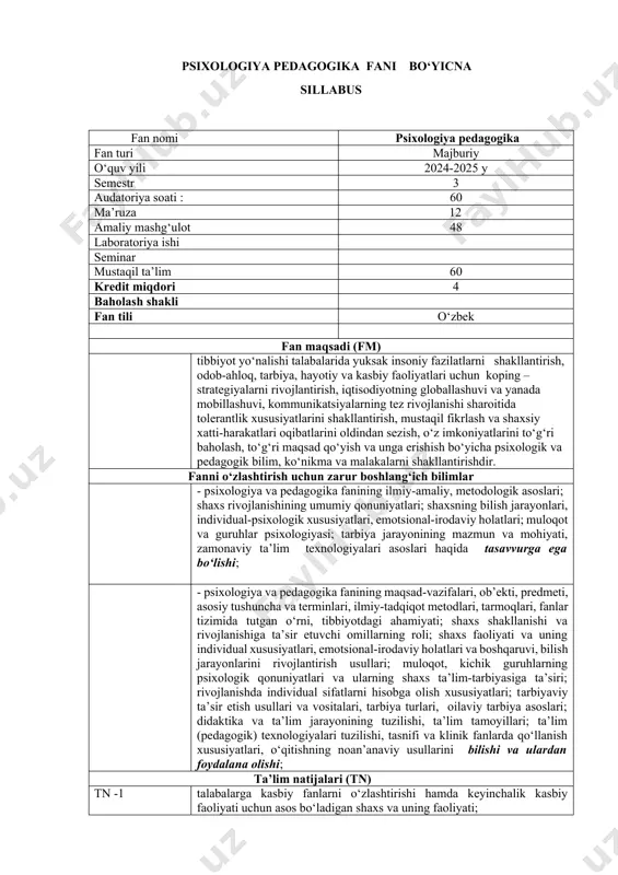bilish jarayonlari; tn-3 turli qiyinchiliklarni yengib o‘tishga qaratilgan tolerantlik; - kommunikativ qobiliyatlarni rivojlantirish; tn-4 ta’sirchan psixoprofilaktik, psixologik usul va vositalarini o‘rgatish. mashg‘ulotlarning shakli : ma’ruza (m) m-1 psixologiya moduli predmeti, maqsadi va vazifalari. tibbiyotda psixologik-pedagogik bilimlarning o‘rni va ahamiyati. m-2 psixologiya shaxs muammosi. shaxs faoliyati. shaxsning individual-psixologik xususiyatlari m-3 shaxsning emotsional-irodaviy holatlari. bilish jarayonlari m-4 pedagogika moduli predmeti, maqsadi va vazifalari. tibbiyotda pedagogik bilimlarning o‘rni va ahamiyati. m-5 tarbiya jarayonining mazmuni va mohiyati. tarbiyaviy ta’sir etish usullari, vositalari va uni amalda qo`llash shakllari m-6 didaktika pedagogikaning tarkibiy qismi sifatida. ta’lim texnologiyalari va pedagogika mahurat asoslari. mashg‘ulotlarning shakli : seminar (s) s-1 psixologiya modulining predmeti, maqsad va vazifalari. tibbiyot xodimi faoliyatida psixologik bilimlarning ahamiyati. s-2 . shaxsning ichki regulyatsiyasi va faoliyat. ehtiyoj va uning turlari. ehtiyojlar piramidasi (a.maslou bo‘yicha). motiv va motivatsiya hamda ularning turlari. ustanovka va uning komponentlari. faollik va faoliyat. faoliyat bosqichlari va turlari. s-3 shaxs. shaxs va individ …