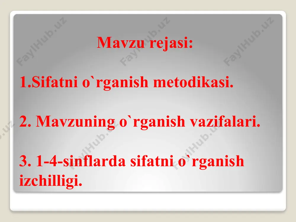 ning leksik ma’nosi va so'roqlari ustida kuzatish o'tkazishdan boshlanadi. predmetning belgilari xilma-xil bo'lib, uni rangi, mazasi, shakli, xil-xususiyatlari tomonidan tavsiflaydi. shunday ekan, sifat tushunchasini shakllantirish uchun uning ma’nolarini aniqlash talab etiladi. o‘qituvchi predmetni yoki uning rasmini ko‘rsatadi, o'quvchilar uning belgilarini aytadilar va yozadilar. masalan, (qanday?) olma — qizil, shirin, yumaloq olma; (qanday?) ip — uzun, ko'k ip. albatta, suhbat asosida o'quvchilar olma, ip so'zlari nima? so'rog'iga javob bo'lib, predmet nomini bildirishi, qizil, shirin, yumaloq kabi so'zlar qanday? so'rog'iga javob bo'lib, predmetning belgisi (rangi, mazasi, shakli) ni bildirishini aniqlaydilar. o'qituvchi atrofimizni o'rab olgan predmetlarning o'z belgilari borligini, ular bir-biridan shu belgilar bilan farqlanishini yana bir-ikki misol bilan tushuntiradi (qanday? daraxt — katta, chiroyli, sershox, ко ‘m-ko ‘k daraxt. qanaqa ? shkaf — oynali, baland shkaf). xulosa chiqariladi: qanday?, qanaqa? so'roqlariga javob bo'lgan so'zlar predmet belgisini bildiradi. o'quvchilar belgi bildirgan bunday so'zlarning nutqimizdagi ahamiyatini anglashlari uchun sifat ko'p uchraydigan matn tanlanib, avval …