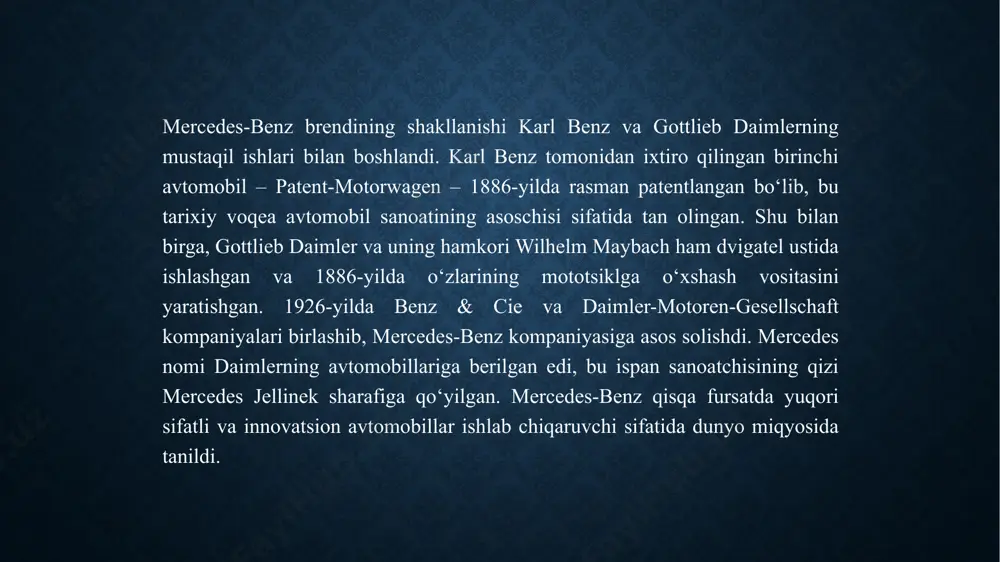 z o‘zining "pre-safe" tizimi yordamida oldindan tahdidlarni aniqlab, avtomobilning xavfsizligini ta’minlaydi. bu tizim avariyaga olib keladigan holatlarda avtomobilni avtomatik ravishda to‘xtatishga yoki tezlashtirishni kamaytirishga yordam beradi. mercedes-benzning yangi modellari, jumladan, s-class va g-class, yuqori darajadagi komfort va zamonaviy texnologiyalarni birlashtirgan avtomobillar sifatida e’tiborga loyiqdir. s-class, o‘zining yuqori darajadagi saloni, ilg‘or xavfsizlik tizimlari va avtonom haydash imkoniyatlari bilan so‘nggi yillarda eng innovatsion modellardan biri bo‘lib qolmoqda. g-class esa sport va off-road imkoniyatlarini o‘zida mujassam etgan, eng zamonaviy texnologiyalar bilan ta’minlangan suv hisoblanadi. 4. mercedes-benz’ning kelajakdagi rejalari va istiqbollari. mercedes-benzning kelajakdagi rejalari va istiqbollari avtomobilsozlik sanoatining yangi trendlariga moslashish va innovatsiyalarni davom ettirishga qaratilgan. brendning asosiy maqsadi – ekologik toza, avtonom va yuqori texnologiyali avtomobillarni ishlab chiqarishdir. mercedes-benz, elektromobillar va elektr transport vositalarini ishlab chiqarish sohasida o‘z o‘rnini mustahkamlashni davom ettiradi. eq brendi ostida ishlab chiqarilayotgan avtomobillar, masalan, eqs, eqe va eqb modellari, kompaniyaning ekologik barqarorlikni ta’minlashga bo‘lgan kuchli intilishlarini ko‘rsatadi. kompaniya, …