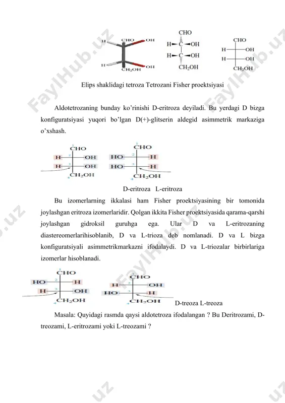 axaridlarni hamda yerda keng tarqalgan birikma ya’ni glukozani ham o’z ichiga oladi. to’rtasimmetrik markazga ega bo’lgan aldogeksoza, 8 ta d va 8 ta l fazoviy izomerga ega. ularning barchasi bizga ma’lum va tabiatda erkin holda yohud ba’zi bir moddalardan sintezlab olinadi. masala quyidagi shakarni nomlang. barcha monosaxaridlar, ichida eng muhumi, keng tarqalgani va yaxshi o’rganilgani bu d(+)-glukoza. quyosh nuri ta’sirida suv va korbanat angidid orqali tabiiy ravishda sintezlanadi. ugelevodlar fotosintez jarayoni ta’sirida hosil bo’ladi. glukoza 1747-yilda uzumdan va 1811-yilda kraxmalni gidrolizlash usuli bilan olingan. uning tuzulishini 1900-yida emil fisher o’zining izlanishlari tufayli aniqladi. d(+)-galaktoza polisaxaridlarning tarkibiga kiradigan izomerlarning biri. uni laktozani (sut shakari) gidrolizlaganda bittadan glukoza va galaktoza hosil bo’ladi. glitserinaldegid eritroza treoza riboza arabinoza ksiloza liksoza alloza altroza glukoza mannoza guloza idoza galaktoza taloza 3.monosaxaridlarning kimyoviyxossalari. mutarotatsiya bir yoki undan ortiq o`rin bosuvchilarning boshqa atom yoki guruh bilan alma-shishi uglevod tuzilishidagi umumiy chizmada ko`p kuzatiladigan o`zgarish. dezoksi shakarlarda gidroksil …