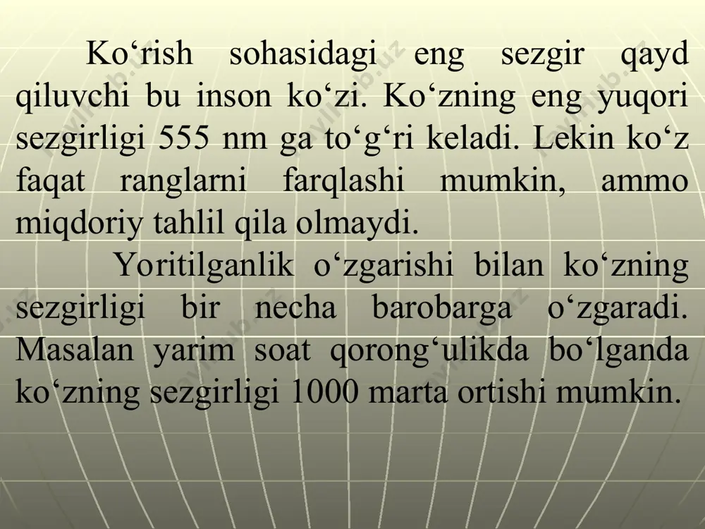 i tushunchasi kiritiladi. apr-qayd qiluvchining maydoni ppor-chegaraviy sezgirlik. kvant effektivligi signalni qayd qilinishi uning quvvatini p u bilan tushayotgan shovqinlar quvvatiga nisbati bilan aniqlanadi. har qanday spektral asbobda shovqin muammosi eng asosiy muammolardan biri hisoblanadi. spektral asbobning har bir qismidagi detaldan asosiy ma’lumotdan tashqari qo‘shimcha shu detalning xalaqit beruvchi xususiyati bilan bog‘liq bo‘lgan ma’lumot ham qo‘shilib o‘tishi mumkin. bu elektromagnit to‘lqinning shu detalning zarrachalari bilan o‘zaro ta’siri tufayli vujudga keladi. ana shu qo‘shimcha ma’lumot shovqin deyiladi. bu miqdor kvant effektivligi ta’sir etuvchi kvant chiqishi yoki ta’sir etuvchi kvant effektivligi deyiladi. ideal qayd qiluvchi uchun u birga teng. η ning qiymati qayd qiluvchiga tushuvchi kvantlarning qancha qismi tushayotgan yorug‘lik oqimning aniqligi uchun yetarli ekanligini bildiradi. nurlanishni qayd qiluvchidagi shovqinlar 1. fotonli shovqin yoki nurlanishni shovqini vaqt birligi ichida qayd qiluvchiga tushuvchi fotonlar sonining fluktuasiyasi bilan aniqlanadi. spektrning qisqa to‘lqin uzunlikli fotonli shovqin uzun to‘lqin uzunlikli qismdagidan ko‘p bo‘ladi. 2. soya tokning …