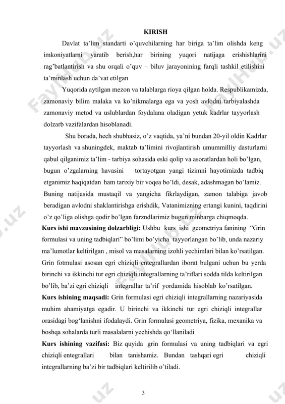 .,an  4 bo’linishini va uning har bir ak k 1 yoyida ixtiyoriy q k  k ,k 5 q k k ,k ) a ka k 1, k  0,1, 2,..., n nuqta olamiz.berilgan funksiyaning qk  k ,k) nuqtadagi f k ,k  qiymatini a k k1 ning sk uzunligiga ko’paytirib quyidagi yig’indini tuzamiz: n1    f  k 0 k ,k  sk (0.1) endi ab egri chiziqning shunday p1, p2 ,..., pm , ..., (0.2) bo’linishlari ketma-ketligini qaraymizki, ularning mos diametrlaridan tashkil topgan  ,  , ..., ,..., p1 p2 pm ketma-ketlik nolga intilsin: p  0 bunday bo’linishlarga nisbatan kabi yig’indilarni tuzib, ushbum 1,2 , ..., m ,..., ketma-ketlikni hosil qilamiz. ravshanki bu ketma-ketlikning har bir hadi qk  k ,k nuqtalarga bog’liq. 1.1-ta’rif. agar ab egri chiziqning (1.2) ko’rinishdagi bo’linishlari ketma-ketligi  molipnganda ham, unga mos yig’indilardan iborat mketma-ketlikk ,k tanlab …