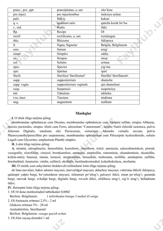 ril. sterilisa! sterilisetur! sterilla! sterillansin! supp. suppositorium shamcha supp. vagin. suppositorium vaginale qin shamchasi susp. suspensio suspenziya tab. tabuletta tabletka t-ra, tinct. tinctura tindirma ung. unguentum malham mashqlar i. o‘zbek tiliga tarjima qiling: membranulae ophtalmicae cum dicaino, membranulae ophtalmicae cum atropini sulfate, sirupus althaeae, species pectorales, sirupus aloës cum ferro, aërosolum “cametonum”, solutio natrii chloridi isotonica, pulvis foliorum digitalis, emulsum olei persicorum, extractum adonidis vernalis siccum, pulvis phenoxymethylpenicillini pro suspensione, membranulae ophtalmicae cum pilocarpini hydrochlorido, solutio lugoli cum glycerino, emplastrum plumbi simplex. ii. lotin tiliga tarjima qiling: a. nistatin, nitroglitserin, furazolidon, kseroform, xloroform, ixtiol, anestezin, salazodimetoksin, piotsid, vazografin, xlorofillipt, xinozol, bromkamfora, aminazin, ampitsillin, sintomitsin, oleandomitsin, oksatsillin, kofein-natriy benzoat, tiamin, korazol, streptomitsin, tetrasiklin, teobromin, teofillin, amidopirin, eufillin, fenobarbital, fenatsetin, vinilin, sulfatsil, oksilidin, metilandrostendiol, kokarboksilaza, strofantin. iii. o‘simlik xom ashyolarini ifodalovchi terminlarni lotin tiliga tarjima qiling: do‘lana mevalari, bahor adonisi maysasi, marvaridgul maysasi, dalachoy maysasi, valeriana ildizili ildizpoya, qalampir yalpiz bargi, bo‘yimodaron …