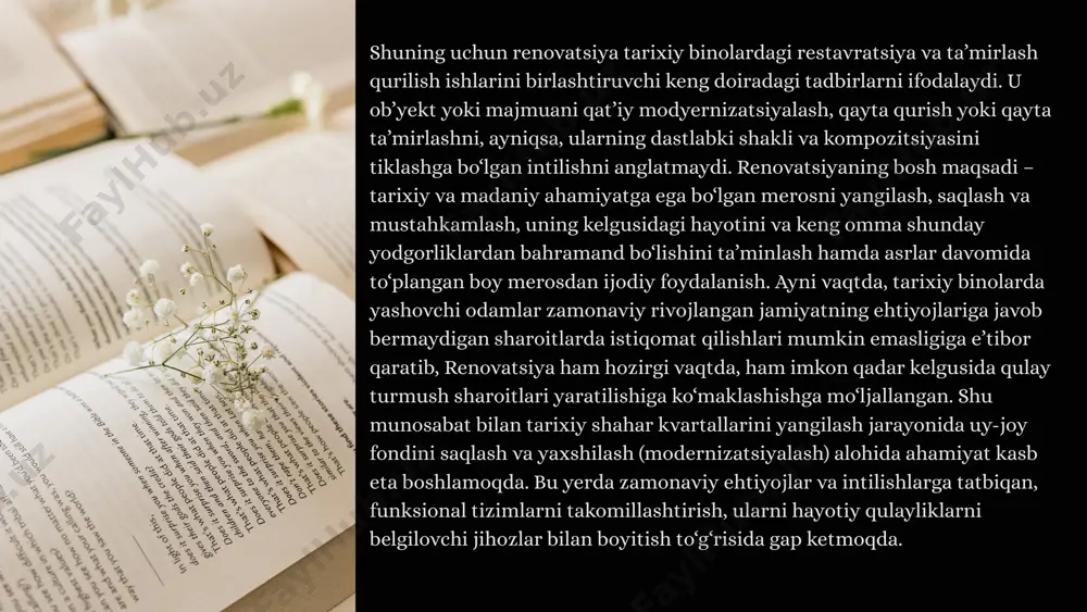 uktiv elementlar va materiallarda ko‘z bilan ilg‘ash qiyin bo‘lgan o‘zgarishlar yoki deformatsiyani (shakl o‘zgarishini) hosil qiladi. xususan, bunday jarayonlarga og‘irlik kuchi doimo ta’sir ko‘rsatishi natijasida paydo bo‘ladigan deformatsiyalar kiradi. bunday vaziyatda juda uzoq vaqtdan keyin tom to‘sinlari biroz egilib qoladi, ustunlar cho‘kadi, gumbazlar shakli o‘zgaradi va sh.o‘. texnik nuqtai nazardan to‘g‘ri qurilgan binolar uchun bunday deformatsiyalar xavfli emas, qachonki materiallarning eskirishi va parchalanib ketishi kabi boshqa omillar bunga hamrox bo‘lmasa. tarixiy toshli binolardagi shikastlanishlar va yemirilishlarning ayrim belgilari va ular paydo bo‘lishining sabablari. toshli materiallar va konstruksiyalarda eskirish hodisasi atrofmuhitning davomli ta’siri ostida rivojlanadi va bunda tashqi omillar ta’sirida qo‘zg‘atiladigan ma’lum kimyoviy reaksiyalar kuzatilmaydi. asosan binolar eskirishiga eng avvalo, iqlim ta’siridan himoya qilinmagan konstruksiyalardagi fizik omillar ta’sir qiladi. bunday omillar muntazam o‘zgarib turadigan atrofdagi havo namligi, harorat o‘zgarishi, bevosita quyosh nurlari, shamol, yomg‘ir va qor shaklidagi yog‘ingarchilik ta’siridan iborat bo‘ladi. toshli binolarning eskirish jarayoni tabiiy kechadi va uni sekinlashtirish juda …