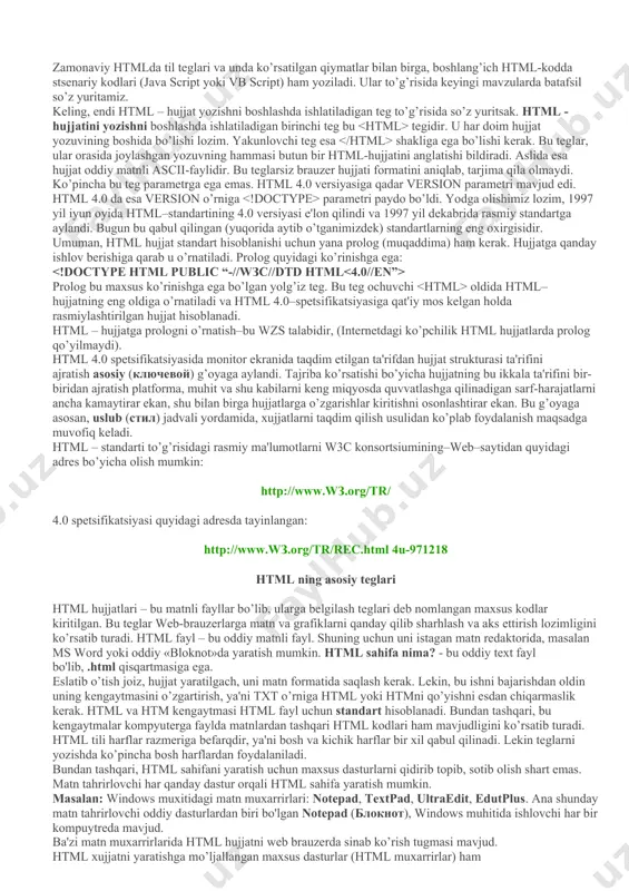 an so’ng 3.2 versiya tasdiqlandi (3.0 versiya nashr qilinmadi). 1997 yil iyun oyida html–standartining 4.0 versiyasi e'lon qilindi va 1997 yil dekabrida rasmiy standartga aylandi. bugun bu qabul qilingan standartlarning eng oxirgisidir. html – hujjat tuzilishi html (hyper text markup language) – belgili til bo’lib, ya'ni bu tilda yozilgan kod o’z ichiga mahsus ramzlarni mujassamlashtiradi. bunday ramzlar hujjat ko’rinishini faqatgina boshqarib, o’zi esa ko’rinmaydi. htmlda bu ramzlarni teg (teg – yorliq, belgi) deb ataladi. htmlda hamma teglar ramz-chegaralovchilar ( ) bilan belgilanadi. ular orasiga teg identifikatori (nomi, masalan b) yoki uning atributlari yoziladi. yagona istisno bu murakkab chegaralovchilar ( ) yordamida belgilanuvchi sharxlovchi teglardir. aksariyat teglar jufti bilan ishlatiladi. ochuvchi tegning jufti yopuvchi teg. ikkala juft teg faqatgina yopuvchi teg oldidan «slesh» (“/”) belgisi qo’yilishini hisobga olmaganda, deyarli bir xil yoziladi. juft teglarning asosiy farqi shundaki, yopuvchi teg parametrlardan foydalanmaydi. juft teg yana konteyner deb ham ataladi. juft teglar orasiga …