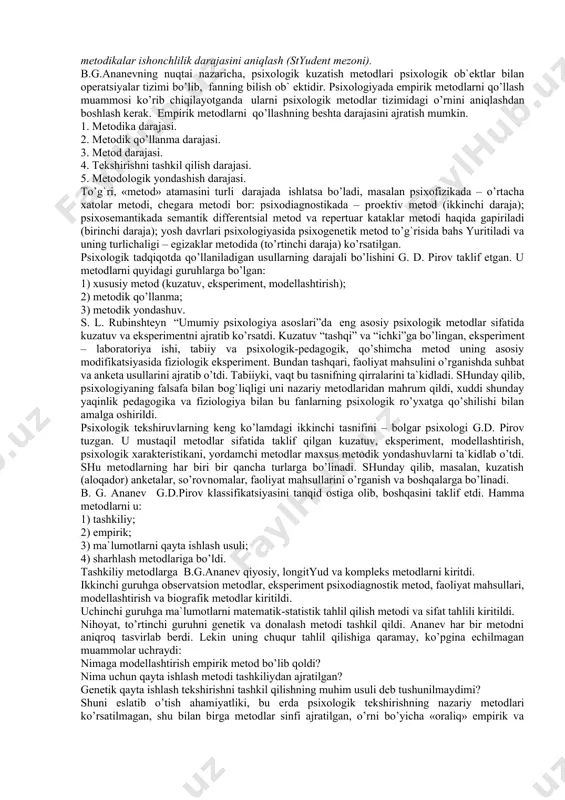 qanday baholash hamda sharhlash asosida xulosa chiqarish aniq belgilab olinadi. yuqorida ko‘rsatib o‘tilgan psixodiagnostik talablar – standartlashtirilgan kuzatish deb yuritiladi. bunga misol sifatida, qandaydir topshiriqning echimi bo‘yicha kichik guruhning ish faoliyatini ko‘rib chiqamiz (r.beyls metodi bo‘yicha). sharoitni engillashtirish muammo echimini taklif qilish savollarga javob berish ma'lumotlar berish tushuntirib berish yordam berishni taklif qilish yordam so‘rash tushuntirib berishni so‘rash ma'lumotlar berishni so‘rash savollarga javob berishni so‘rash muammo echimini so‘rash muammoni yanada chigallashtirish. bu sxema xulq-atvorni kuzatishning 12 xil tipini qamrab olgan, unda 6ta ijobiy va 6ta salbiy ko‘rinishlar ifodalangan. kuzatish natijalarini miqdoriy tahlil qilishda statistik metodlarni quyidagicha tartibda qo‘llash lozim: olingan natijalarni foizlar bo‘yicha hisoblash; o‘rtacha arifmetik qiymatni topish; o‘rtacha kvadrat og‘ishni topish (sigma); son qatoridagi miqdorlar tarqoqligini aniqlash (dispersiya); omillar o‘rtasidagi muayyan munosabatlar mavjudligini tahlil qilish (korrelyatsiya); metodikalar ishonchlilik darajasini aniqlash (styudent mezoni). b.g.ananevning nuqtai nazaricha, psixologik kuzatish metodlari psixologik ob`ektlar bilan operatsiyalar tizimi bo’lib, fanning bilish ob` ektidir. psixologiyada …