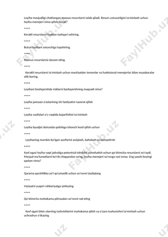 va jamoa a'zolarining texnik tayyorgarligi uchun kutilmagan talab mavjud. nima qilish kerak? ==== talabga e'tibor bermang, chunki loyiha allaqachon yakuniy bosqichda ==== jadval va byudjetga ta'sirini baholang, kerakli tasdiqlarni oling va treningni rejalashtiring ==== guruh a'zolaridan internetdan foydalanib, buni o'zlari aniqlashlarini so'rang ==== mas'uliyatni loyiha homiysiga qoldiring ++++ loyiha boshqaruvida loyihani boshlash uchrashuvi nima? ==== loyiha bo'yicha nizolarni hal qilish uchun yig'ilish o'tkazildi ==== loyihaning borishini ko'rib chiqish uchun yig'ilish o'tkazildi ==== loyihaning tugashini nishonlash uchun yig'ilish o'tkazildi ==== loyihaning boshlanishida uni rejalashtirish va amalga oshirishni boshlash uchun yig'ilish ++++ loyiha menejeri loyiha jadvaliga o'zgartirish kiritmoqda va rejalashtirish dasturini yangilashi kerak. biroq, u o'z rejasi va ko'rsatilgan jadval o'rtasidagi noto'g'rilikni sezadi. menejer nima qilishi kerak? ==== dasturiy ta'minot sotuvchisiga murojaat qiling ==== joriy jadvalni o'chiring va qaytadan boshlang ==== mos kelmasliklarga e'tibor bermang va yangilanishni davom eting ==== joriy jadval mantig'idagi xatolarni tasdiqlang va tuzating ++++ loyiha boshqaruvida nazorat sxemasi …