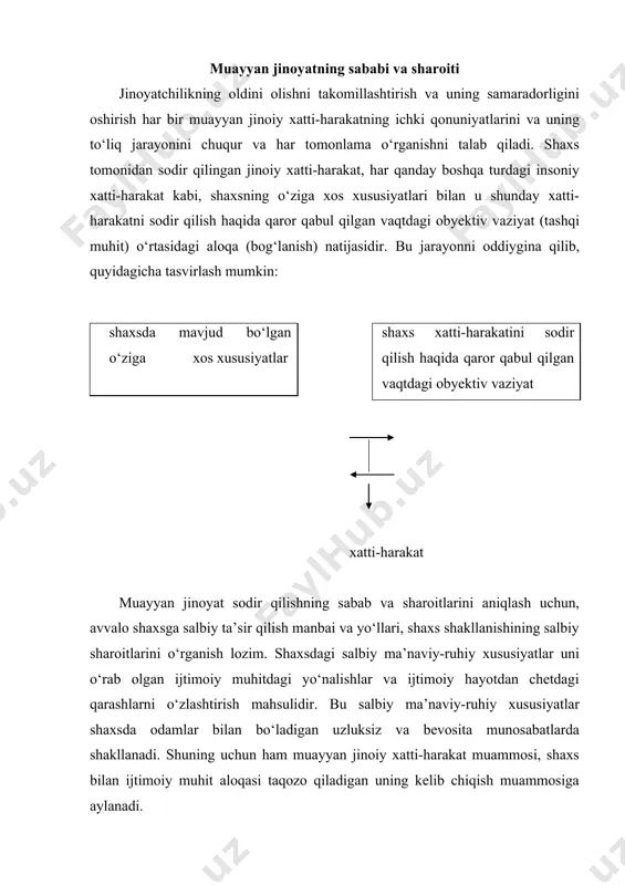 quqiy qoidalar va taqiqlarga qarashlari va munosabatlari bilan, ikkinchi tomondan, shaxsdagi o‘ziga xos xususiyatlar bilan aloqada, uzviy bog‘liqlikda qasddan jinoyat sodir qilish niyati va jur’atini yoki ehtiyotsizlik bo‘yicha jinoiy oqibatga olib keladigan harakatni (harakatsizlikni) chaqiradigan tashqi obyektiv omillar (tashqi muhitdagi) yig‘indisi bilan izohlanadi. shuni qayd etish lozimki, shaxsdagi o‘ziga xos xususiyatlar ham o‘z vaqtida shaxsning tashqi muhit bilan aloqasi natijasida shakllanadi. shuning uchun ham kriminologiya muayyan jinoyatning sabab va sharoitlarini o‘rganishda shaxsdagi mavjud bo‘lgan o‘ziga xos xususiyatlarini tadqiq qilish bilan cheklanmaydi, balki ularning paydo bo‘lishi va rivojlanishini, ya’ni shaxsning ma’naviy shakllanish sharoitlarini ham tadqiq qiladi. bu esa jinoyatchilikning oldini olishda dastlabki profilaktikani amalga oshirishda muhim ahamiyatga egadir. har bir muayyan jinoyat shaxsdagi noqulay sharoitlar ta’sirida shakllangan salbiy ma’naviy-ruhiy xususiyatlar va ularning jinoiy xatti-harakatda namoyon bo‘lishiga (ko‘rinishiga) yordamlashuvchi tashqi obyektiv omillar, ya’ni jinoiy vaziyat o‘rtasidagi aloqaning natijasidir. bu yerda shaxsdagi salbiy ma’naviy-ruhiy xususiyatlar jinoyatning sababi bo‘lib harakat qilsa, bu xususiyatlarning jinoiy …