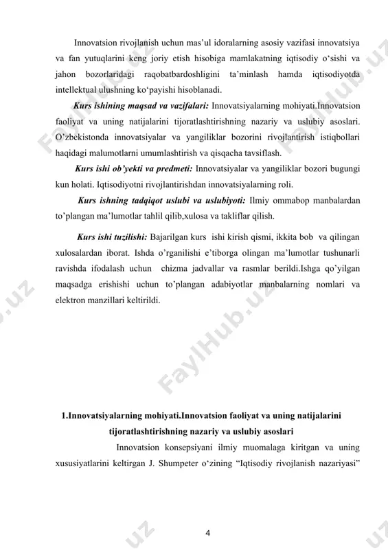 an, trestlarni yaratish orqali) yoki uni yo‘qotish. ushbu ta’riflarning o‘ziga xos xususiyati va ahamiyati shundaki, j. shumpeter tomonidan ishlab chiqarish sohasidagi yangiliklarni nafaqat texnologiyada, balki ishlab chiqarishni tashkil etishda hamda tadbirkorning ongli faoliyati natijasi bo‘lgan sifat o‘zgarishlarda ham ko‘rish mumkin. j. shumpeterning fikriga ko‘ra, innovatsiya - bu tadbirkor tomonidan amalga oshiriladigan ishlab chiqarish sharoitlari va omillarining yangi kombinatsiyasi (“yangi kombinatsiya”). xalqaro standartlarga muvofiq, innovatsiya quyidagi shakllarda mujassam bo‘lgan yangilikning yakuniy natijasi sifatida belgilanadi: 1. bozorlarga kiritilgan yangi yoki takomillashtirilgan mahsulotlar yoki xizmatlar. 2. yangi yoki takomillashtirilgan texnologik jarayonlar. 3. ishlab chiqarishni tashkil qilishning amalda qo‘llaniladigan yangi usullari. ko‘rib chiqilgan yondashuvlarni umumlashtirib, innovatsiyalar quyidagicha tuzilishi mumkin: · mahsulot yangiliklari (yangi mahsulotlar va xizmatlar); · innovatsion jarayonlar (mikro darajada - yangi texnologik jarayonlar va ishlab chiqarishni tashkil etish usullari; makro darajada - bozorlar tarkibini o‘zgartirish va yangi bozorlarni yaratish). shunday qilib, iqtisodiy sohada yaratish faoliyatining yakuniy natijasi sifatida innovatsion mahsulotlar va innovatsion …