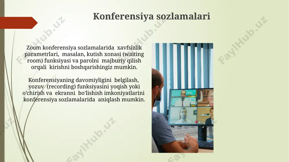 lar (masalan, yozuv, chat, so'rovnomalar) haqida to'liq hisobot tuzish va kelgusi tadbirlar uchun tahlil qilish muhimdir. chat funksiyasi moderatorlar chatdagi nojoʻya xabarlarni oʻchirish va keraksiz xabarlarni filtrlash orqali 200 dan ortiq ishtirokchining suhbatini samarali boshqarish imkoniyatiga ega. chatda fayllar, masalan, pdf hujjatlari, rasmlar yoki video fayllarni, maksimal 20 mb hajmgacha boʻlgan fayllarni ulash mumkin. bu ishtirokchilarga qoʻshimcha materiallarni taqdim etishga yordam beradi. zoom hisobi va sozlamalar zoom veb-portalida hisobingiz uchun ikki omilli autentifikatsiyani (2fa) yoqish orqali xavfsizlikni kuchaytiring va taxminan 5 ta qulay kirish usullarini belgilang. zoom hisobingizdagi "meeting options" bo'limida ishtirokchilar sonini 1000 kishigacha oshirish, ro'yxatdan o'tishni majburiy qilish va "breakout rooms" funksiyasini faollashtirish kabi sozlamalarni o'zgartirishingiz mumkin. muammolarni bartaraf etish konferensiya davomida paydo bo'ladigan texnik xatolarni bartaraf qilish uchun kamida 2 ta texnik mutaxassisni tayyor holatda saqlash va ularga 24/7 qo'llab-quvvatlash tizimini yaratish muhim. istirokkchilarning audio yoki video muammolarini hal qilish uchun ularga 1-5 raqamli ko'rsatmalarni berib, mikrofon …