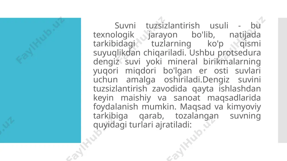 oshiriladi. distillash - suvni tuzsizlantirishning yana bir usuli hisoblanadi.ko'p bosqichli (an'anaviy) distillash - bu sho'r suvni isitish va undan keyingi bug'lanishga asoslangan dengiz suvini tozalashning termal usuli. ushbu distillash sof bug' hosil qiladi, u kondensatsiyadan keyin distillat va sho'r eritmaga aylanadi. distillash yuqori sifatli toza suv olish uchun keng qo'llaniladigan oddiy va tez usuldir. ammo uning sezilarli kamchiliklari bor. yuqori quvvatli distillash zavodlari juda katta hajmli va energiya sarflaydi. katta hajmdagi toza suv kerak bo'lsa, usul qo'llanilmaydi. ion almashinuvi - suvni tuzsizlan- tirishning samarali usuli hisoblanadi. ion almashinuvi sho'r suvda keng tarqalgan natriy xloridni (nacl) olib tashlash uchun ishlatiladi. tozalashda eritma maxsus ion almashinadigan qatronli filtrlardan o'tadi. natijada natriy va xlor ionlari vodorod ionlari va gidroksid ionlari bilan almashtiriladi.tuzli suvni tuzsizlantirishning bu usuli juda qimmat ion almashinuvi reagentlarning sezilarli iste'molini talab qiladi. bundan tashqari, u faqat past boshlang'ich tuz konsentratsiyasi (2,5 mg / l gacha) bilan ishlatilishi mumkin. elektrodializ - …
