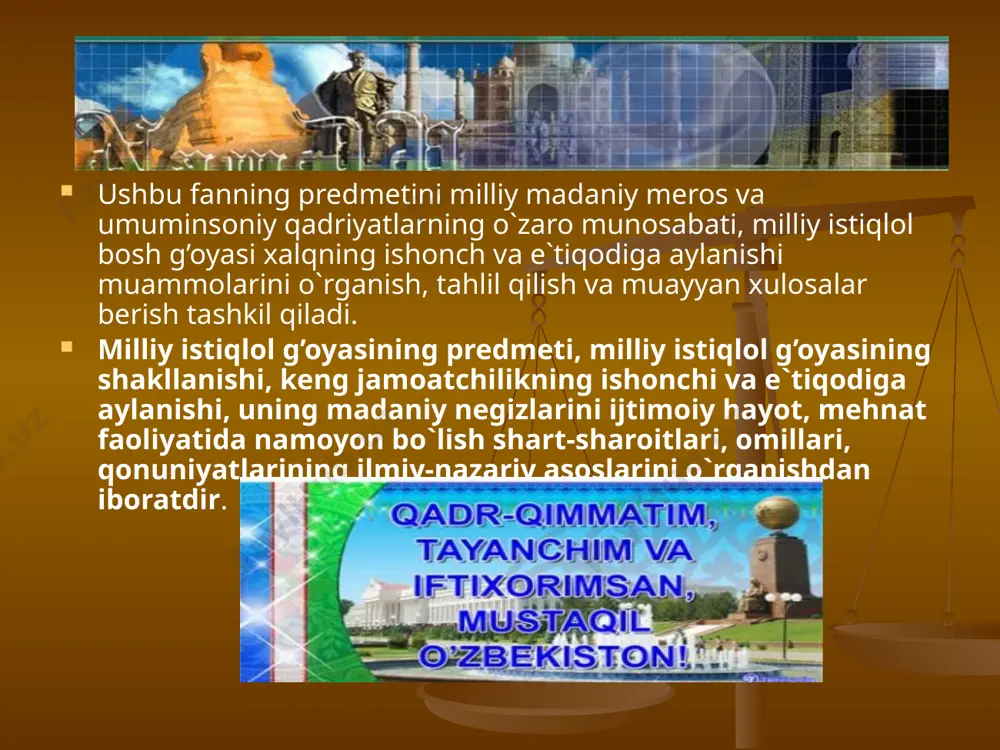 ari, maqsad va muddaolari, manfaatlari, orzu intilishlari hamda ularni amalga oshirish tamoyillarini o`zida mujassam etadigan g’oyalar tizimidir. o’zbekistonning taraqqiyot yo’li mamlakat oldida turgan maqsadlar rivojlanish strategiyasi milliy g’oyaning asosiy vazifalari turli xalqlar va millatlarni erkin demokratik jamiyat qurish ishlariga safarbar etish, ozod va obod vatan, erkin va farovon hayot qurishga erishishga tayyorlash. fuqarolarni uyushtirish bunyodkorlikka safarbar etish jamiyatni isloh etishning harakat dasturiga aylanishi insonlarni g’oyaviy tarbiyalash fuqarolarda zararli yot g’oyalarga qarshi zarur immunitetni shakllantirish. jamiyat a`zolarini yangi yutuqlarga erishishda ma`naviy rag’batlantirish. xulosa mustaqil o`zbek davlati – xalqimizning buyuk tarixiy yutug’idir. o`z davlati bilan faxrlanish va fuqarolarning vatanparvarligi jahondagi ko`pgina mamlakatlarning ilg’or marralarga chiqib olishida yordam bergan. shuning uchun mamlakatimiz tuprog’ida yashab turgan va o`zini vatanparvar deb hisoblagan har bir kishi uning yaxlitligi va birligini asrab-avaylashi shart. image1.jpeg image2.jpeg image3.jpeg image4.jpeg image5.gif image6.jpeg image7.jpeg image8.jpeg image9.jpeg image10.jpeg image11.jpeg