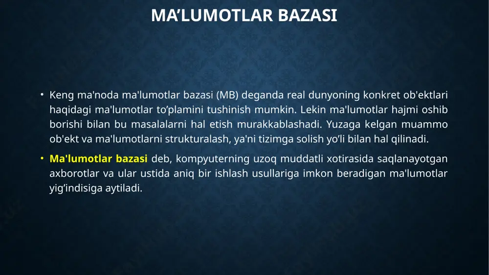 bu darajadagi o’zgaradigan ma'lumotlar bilan xarakterlanishi mumkin. ma'lumotlar bazasidan foydalanish uchun maxsus dasturlar yaratiladi va bunday dasturlar ma'lumotlar bazasini boshqarish tizimi deb ataladi. ma'lumotlar bazasida axborotlar asosan matn va raqam ko’rinishida saqlanadi. ma'lumotlar bazasini boshqarish tizimi vazifasiga ma'lumotlar bazasini boshqarishning quyidagi xususiyatlari kirishi mumkin: ma'lumotlar bazasiga kirish: foydalanuvchining talabiga javoban axborot turidan qat'i nazar unga qulay ko’rinishda javob berish. ma'lumotlarni modifikatsiyalash: berilgan axborotni foydalanuvchi talabiga mos holda (texnik imkoniyatlari hisobga olingan holda) o’zgartirish. ishonchlilik darajasi: qurilmalar tasodifan to’xtatilganda ma'lumotlar bazasining qayta tiklanish qobiliyati. ma'lumotlarni himoyalash: ma'lumotlar bazasidan ruxsatsiz (sanktsiyasiz) foydalanishning cheklanganligi. ma'lumotlar bazasidan tarmoqda foydalanish: ma'lumotlardan bir vaqtda bir necha kishining (bir-biriga xalaqit bermasdan) foydalanishi. ma'lumotlar bazasini boshqarish tizimi o’zining ma'lum ko’rinishdagi ichki tuzilishiga, amalga oshiruvchi amaliy dasturlarga ega bo’lishi kerak. kompyuterda qayta ishlanadigan ma'lumotlar o’z ichiga kundalik turmushda ishlatiladigan barcha axborotlarni oladi. albatta, turli kasb egalari o’zlariga kerakli bo’lgan ma'lumotlar bilan ish yuritadi. bunday ma'lumotlarning eng asosiylari sonli (raqamli) …