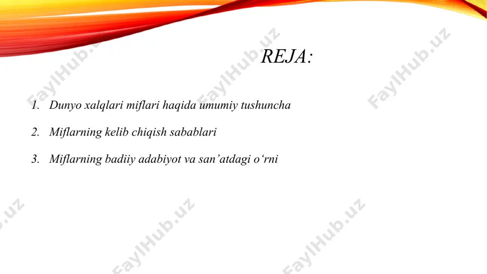 ek) miflari – quyosh va oy ilohiylashtirilishi, kukulkan va virakocha xudolari. dunyo xalqlari miflari haqida keng ma’lumot miflarning mazmuni va mohiyati miflar qadimiy jamiyatlarning dunyoni tushunishga, tabiat va inson sirlarini izohlashga bo‘lgan dastlabki urinishlaridir. miflarda fantastika, afsona va real hayot unsurlari qorishib ketgan. ularning asosiy vazifasi – kishilarni tarbiyalash, jamiyatni birlashtirish va diniy e’tiqodlarni mustahkamlash. miflarning asosiy turlari kosmogonik miflar – olam, osmon, yulduzlar, quyosh va oy yaratilishi haqida. teogonik miflar – xudolar va ularning nasabi, urushlari va ittifoqlari haqida. antropogonik miflar – insonning yaratilishi, ruh va tana tushunchalari haqida. etnogonik miflar – xalqlarning paydo bo‘lishi, ajdodlar haqidagi rivoyatlar. qahramonlik miflari – xalq qahramonlari, afsonaviy jangchilar va ularning jasoratlari haqida. totemik miflar – hayvonlar, qushlar va daraxtlarni muqaddaslashtirishga oid tasavvurlar. dunyo xalqlari mifologiyasi qadimgi sharq miflari qadimgi misr – ra (quyosh xudosi), osiris va isis, anubis, fir’avnlarning ilohiylashtirilishi. bobil va ossuriya – enuma elish dostoni, marduk va tiamat kurashi. eron …