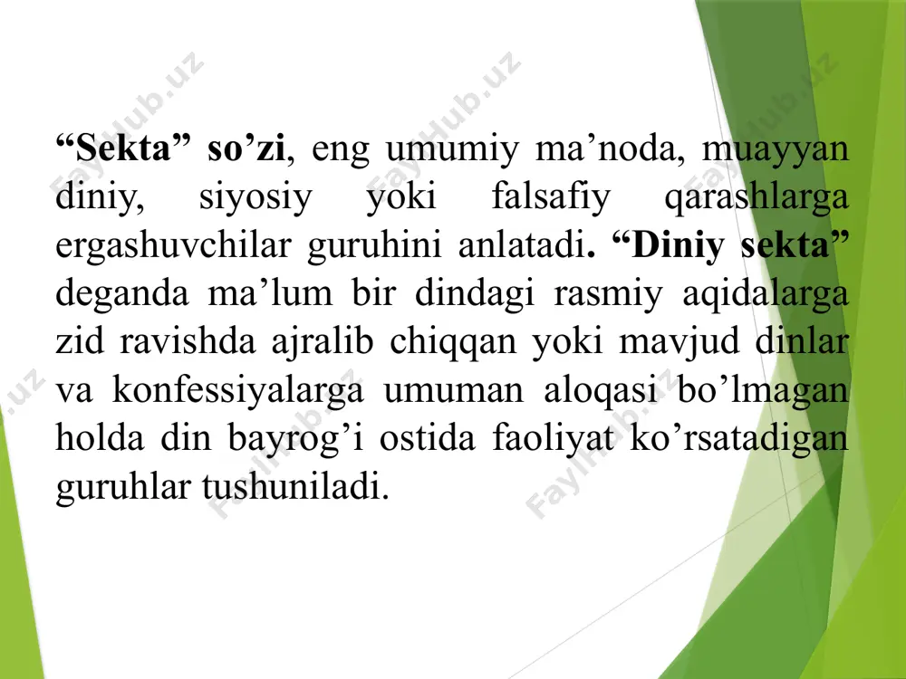 bergan.jozef smit matnlarni o’qigani va farishta yordamida tarjima qilganini e’lon qiladi va uni nashr ettiradi.1830 yilda “mormon kitobi”bosib chiqarilgan. kitobdagi buyruqqa asosan yangi bir cherkov qurilgan. bu cherkov, “iso masihning oxirgi kun azizlari cherkovi” deb nomlangan. uning tarafdorlari esa shundan so’ng “mormonlar “ deyila boshlangan. mormonlar missionerlik faoliyatini olib boradilar. missionerlik faoliyati bugungi kunda 4000 dan ortiq ayol va erkak mormon tomonidan olib borilmoqda. ularning aksariyatini yoshlar tashkil qiladi. bugungi kunda mormonlar dunyoning 160 mamlakatida faoliyat olib borib, taxminan 30 ming cherkov va 12 million izdoshlariga ega.rasmiy xristianlik mormonlarni”adashgan oqim” sifatida e’tirof etadi. islom dini doirasida yuzadagi diniy harakat va oqimlar bahoiylik- xix asrda eronda bobiylik yo’nalishi zamirida vujudga kelgan diniy yo’nalish. sherozlik sayid ali muhammad(1819-1850) 1844 yilda bob (arabcha”eshik”) ya’ni yangi davrga “eshik” nomini olib, yaqin orada “ xudo elchisining” namoyon bo’lishini, kishilarga yangi davrning asosiy qonunlari va nizomlarini in’om etishini targ’ib qila boshlagan. bobning yirik izdoshlaridan biri mirza …