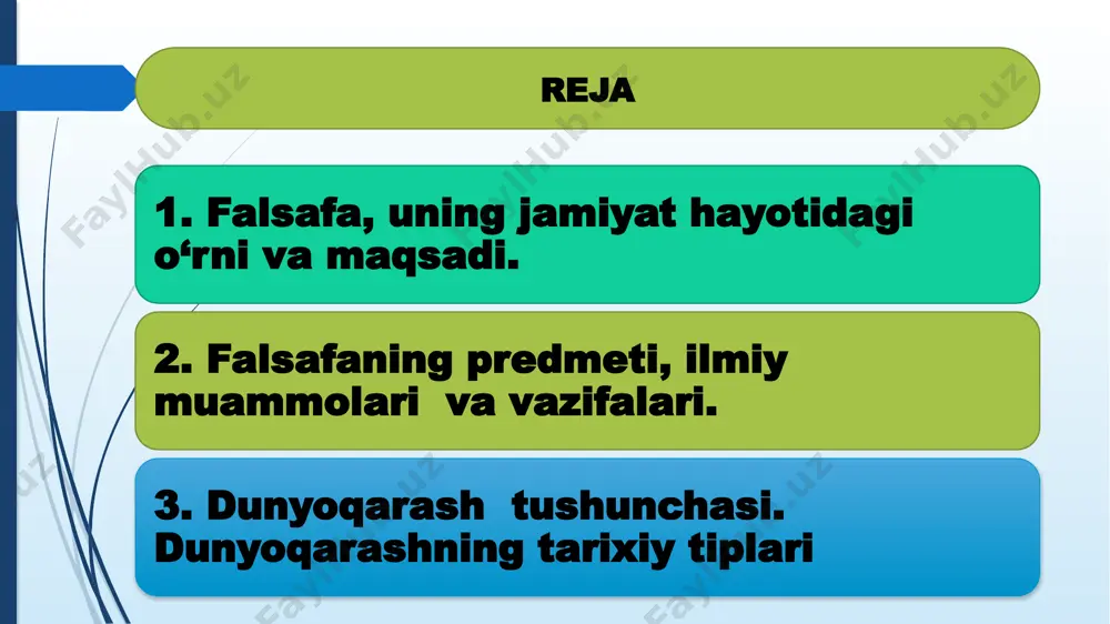 dan tarqalgandek, donishmandlik bu – falsafadir» deb ta'kidlagan. «falsafa» predmeti va atamasining ta'rifi lev tolstoy: «donishmand kishilar uch xislatga ega. ular avvalo, boshqalarga bergan maslahatlariga o’zlari amal qiladilar; ikkinchidan, hech qachon xaqiqatga qarshi bormaydilar; uchinchidan atrofidagi kishilarning nuqsonlariga sabr-toqat bilan chidaydilar» deb ta'kidlagan. «falsafa» predmeti va atamasining ta'rifi 11 falsafiy fanlarning har biri: ontologiya, gnoseologiya, etika, estetika, mantiq, siyosatshunoslik, falsafa tarixi ham o‘z alohida predmetiga ega. shu manoda “dunyo – inson” munosabatlari tizimidagi umumiylik falsafaning asosiy predmetini tashkil etadi. boshqacha aytganda, inson o‘z qiziqishi obekti haqida muayyan tasavvur hosil qilish maqsadida savol berishga asos bo‘lishi mumkin bo‘lgan hamma narsa falsafaning predmetidir. d u n y o q a r a sh inson o‘zini va dunyoni zaruriy ravishda anglashi, unga baxo berishi, xulosa chiqarishi bo’lib, dunyoni inson ongidagi o’ziga xos in'ikosidir. insonning o’ziga va uni qurshab turgan borliqqa bo’lgan munosabatlarini ifodalaydigan ko’nikmalari, malakalari, bilimlari hamda dunyoni amaliy va nazariy o’zlashtirish hamdir. …