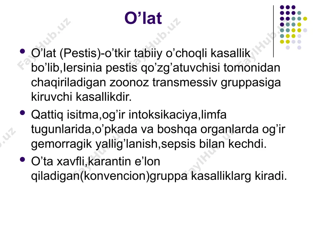 ish chaqiradi. bubon kesib ko’rilganda ichida bir-biriga tutshib ketgan limfa tugunlari ko’rinadi.ular qon va yiring bilan to’la bo’ladi.qon tomirlar va kapillyarlar sinuslarida ko’p miqdorda mikroblar bo’ladi. terida petixiyalar,nekrozli joylar ko’rinadi.ichak shilliq qavatida,oshqazonda,qon tomir devorlarida on talashlar bo’ladi.yurak muskullarida distrofik o’zgarishlar,perikard,endokard ostida qontalashlar bo’ldi.buyraklar qong to’lgan holtda bo’ladi. klinikasi. rudnev tasnifi bo’yicha : a:mahalliy shakli:teri,bubon,teri-bubon. b:trqalgan shakli:birlamchi septik,ikkilamchi septik shakli. c:tashqi tarqalgan shakli:birlamchi o’pk,ikkilamchi o’pka,ichak shakli. kasallik yengil,yashirin,subklinik;bubon;kamroq ichak va sepsis shaklda kechishi mumkin. inkubacion davr bir necha soatdan 10kungacha,o’tkir boshlanadi,kuchli qaltirash,yuqori temp.,kuchli boq og’rig’i,muskullarda og’riq,til shishgan,qalin karash. tashxis. epidemiologik holat,anamnez ko’rsatkichlari,klinik belgilar,laboratoriya ko’rsatkichlarga amal qilinadi. hal qiluvchi usul bakteriologik tekshiruvdir.(balg’am,halqumdan olingan suyuqlik,pustula,karbonkul,yaradan olingan ajralmalar,balg’am,so’lak,mqon) serologik tekshiruv:kbr,rpga, davolash. etiotrop va patogenetik davo. bubon shaklda streptomicin 1000000-1500000tbda,keyinchalik har 8 soatda 500000-1000000tbda,temperatura pasaygach streptomicin 3-5kun mobaynida,yiringli bubonlar operatib davo qilinadi. septik,o’pka shaklida streptomicin 4-5gr,temperatura pasaygach 2-2,5gr 5-7kun mobaynida. patogenetik davoda ringer eritmasi,gemodez,reopoliglyukin,glyukozaning izotonik eritmasi,t/i yuvoriladi. bemor albatta askorbin kislota,bgruppa vitaminlar olishi kerak. shifokorlar …