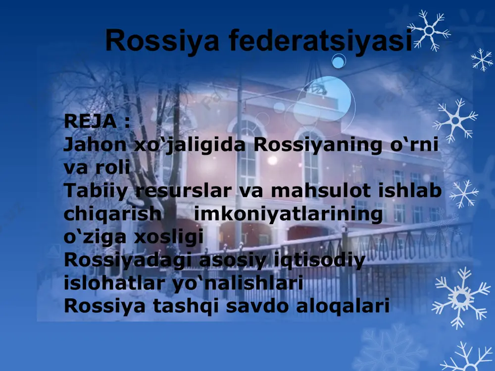 xitoy qiladigan harajatdan esa 4 baravarga past. rossiyaning tashqi dunyodagi qarzi deyarli yo‘q hisobida. davlat tuzumi rossiya — boshqarishning respublika shakliga ega boʻlgan demokratik federativ respublika. amaldagi konstitutsiyasi 1993 y. 12 dek.da qabul kilingan. davlat boshligʻi — prezident (2000 y.dan v. v. putin), u umumiy, teng va toʻgʻri saylov huquqi asosida yashirin ovoz berish yoʻli bilan rossiya fuqarolari tomonidan 4 y. muddatga saylanadi. qonun chiqaruvchi organi — 2 palata (federatsiya kengashi va davlat dumasi)dan iborat federal majlis (parlament). ijrochi hokimiyatni rais boshchiligidagi hukumat amalga oshiradi. hukumat raisini davlat dumasi bilan kelishgan holda prezident tayinlaydi. xo`jaligi r. — industrialagrar mamlakat. uning hududi 12 yirik iqtisodiy rn (shim., shim.gʻarbiy, markaziy, volgavyatka, markaziy qoratuproq, volgaboʻyi, shim. kavkaz, ural, gʻarbiy sibir, sharqiy sibir, uzoq sharq va kaliningrad viloyati)ga boʻlingan. milliy daromadda sanoatning ulushi 44,5%, q.x. ulushi 10%, qurilish 11,5%, transport, aloqa, moddiytexnika taʼminoti, tayyorlov va b. tarmoqlarning ulushi 34%. iqtisodiyotda davlatga qarashli korxonalar bilan …