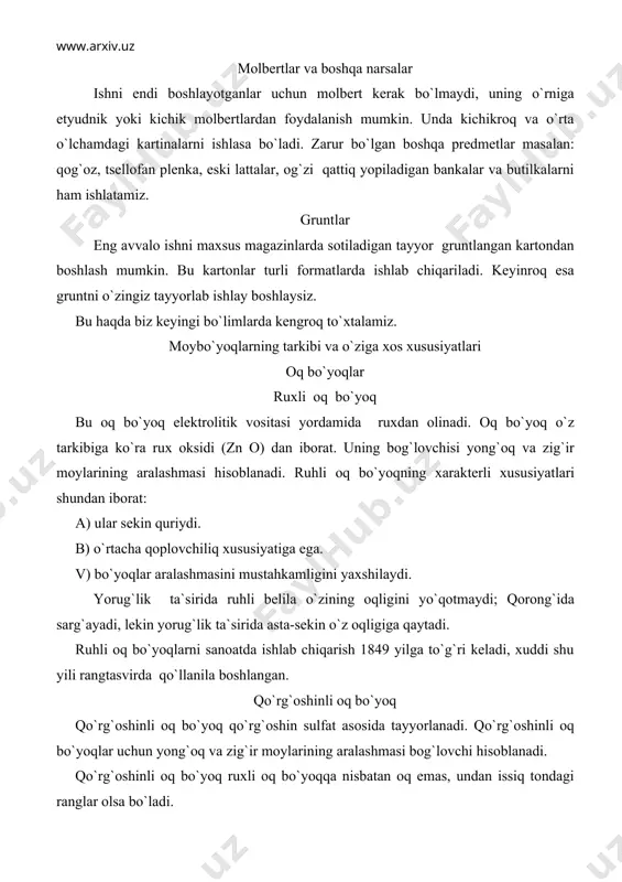 masidan tashkil topgan. bo`yoq 95 % qo`rg`oshinli oq bo`yoq, sariq kadmiy va qizil oxradan tashkil topgan. bo`yoqning rangi tillarangli tus beruvchi yorqin – sariq. rangtasvirda neopolitan sarig`i yordamida tillaning rangini ishlashda foydalaniladi. neopolitan sarig`ining xarakterli xususiyatlari: a) u qo`rg`oshinli belilaga o`xshab, juda yopishqoq. b) tez quruvchi bo`yoq va boshqa bo`yoqlar bilan aralashtirilsa ularni ham tez quritadi. v) mustahkam qoplovchiliq xususiyatiga ega. g) bu bo`yoqqa temir tegsa sarg`ayadi, shuning uchun mastixin ishlatilmaydi. bu bo`yoq yorug`likka chidamli, lekin yorug`lik ko`proq ta`sir qilsa rangi to`qlashadi. neopolitan sarig`i vodorod sulfid va sulfat gazlari ta`sirida to`qlashadi. bo`yoq xviii asr boshlaridan ishlatilib kelinadi. kadmiy bo`yoqlar sariq kadmiy, yorqin, o`rta, to`q kadmiy sariq kadmiy pigmentlari sulfat kadmiy bilan ruxli sulfat birikmasidan tashkil topgan. sariq kadmiy bo`yoqlarning rangi sulfid kadmiy bilan rux sulfidning nisbatiga bog`liq. bo`yoqlar yuqori tiniqlik va intensivlikka ega. sariq kadmiy bo`yog`ining xarakterli xususiyatlari: a) ular tarkibida qo`rg`oshin bo`lgan bo`yoqlar bilan aralashtirilsa qorayadi. b) tarkibi temir …