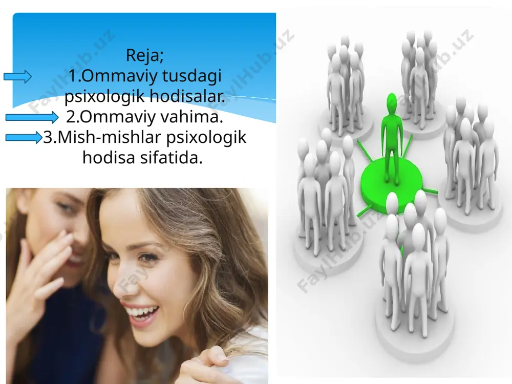 atini boshqa hamma turlari mehnat unumdorligini oshirishdan iborat. 3. ijtimoiy kayfiyat. ommaviy tus oladigan bir guruh doirasidagi hodisa. bu psixologik iqlimni yuzaga keltiradi. ijtimoiy kayfiyatni yuzaga keltiruvchi asosiy omil - bu guruhdagi shaxslararo munosabatlardir. masalan: jamoada kelib chiqadigan muammolarni yaxshi psixologik iqlimga ega bo`lgan jamoa a`zolari ancha engillik bilan hal qiladilar. agar guruhda va jamoada bitta ig`vogar bo`lsa shu jamoaning mehnat samarasi pasayib ketadi. vahima odamlarning kichik guruhida ham bo’lishi mumkin. olomon ichida. engil vahima – umumiy kuchli hayajon. bunga, masalan, do’konda chegirmalarning sehrli kunlari uchun ov qilish kiradi. to’liq ommaviy vahima juda xavfli. eng kuchli qo’rquv o’zini tutishning instinktiv jarayonlarini faollashtiradi, ijtimoiy me’yorlar va qoidalarga rioya qilish zarurligini bostiradi. odamlar xatti-harakatlarini, fikrlarini, harakatlarini nazorat qilishni to’xtatadilar. ularning tashqi ko‘rinishi, nima qilishi, nimasi mumkin, nima emasligi ularga ahamiyat bermaydi. agressiya kuchayad ommaviy vahima bunga jamoaviy psixozni to’xtatadigan sport muxlislarining janjallari misol bo’la oladi. tabiiy ofatlar, falokatlar paytida, nafaqat hodisaning o’zi …