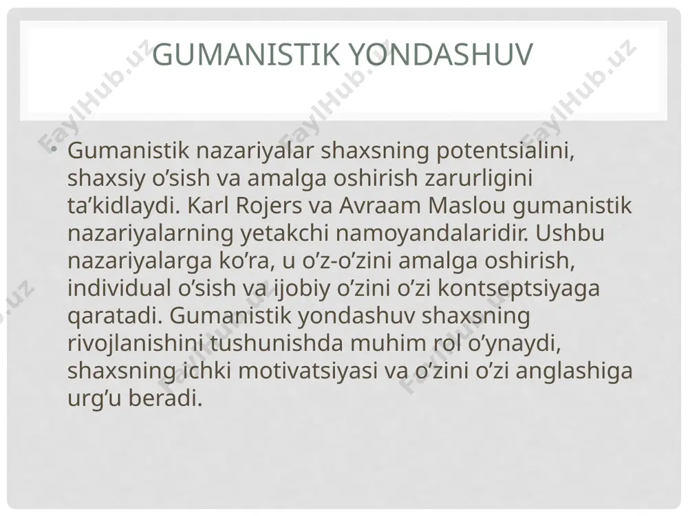 inktiv seksual mayllarga haddan tashqari katta ahamiyat berganligi uchun tanqid qilgan. yungtomonidan ko’tarilgan markaziy mavzu odamlarga ayni vaqtda ham ularning kelajakka inti- lishlari, ham hayot tajribalari ta’sir ko’rsatadi, degan g’oyani o’zida aks ettiradi. yung shaxs nazariyotchilari orasida birinchi bo’lib shaxsning psixik salomatligiga erishish uchun uning turli yo’nalishdagi intilishlari o’zaro mutanosiblikdagi bir butunlikda jamlanishi kerak degan fikrni isbot qildi. bu g’oya yung nazariyasida «shaxsiy o’sish» atamasi bilan nomlanadi. e’tiboringiz uchun raxmat! image2.png image3.png image4.jpeg /docprops/thumbnail.jpeg
