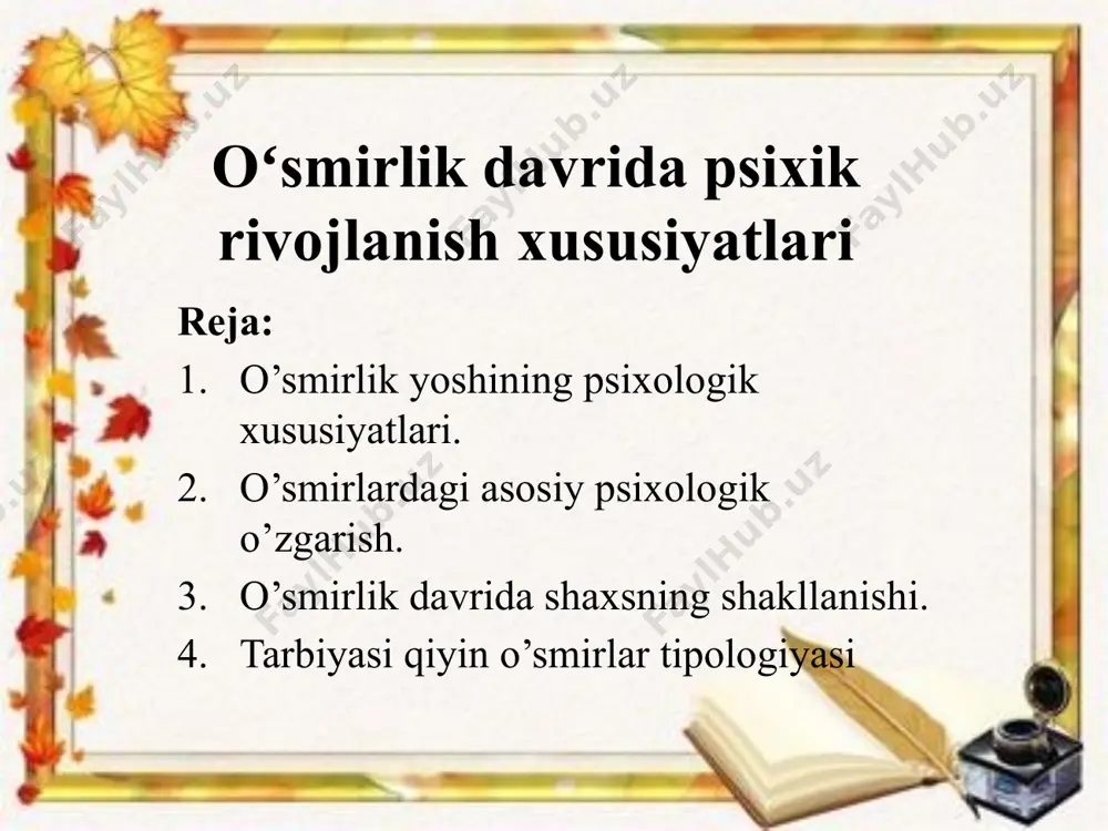 ortlash hollari ham kuzatiladi. o’z davrida l.s, vigotskky bunday holatni «stenik rivojlanishdagi krizis» deb nomlagan. o’smirlik yoshida ularning xulq-atvoriga xos bo’lgan alohida xususiyatlarni jinsiy yetilishning boshlanishi bilan izohlab bo’lmaydi. jinsiy yetilish o’smir xulq-atvoriga asosiy biologik omil siatida ta’sir ko’rsatib, bu ta’sir bevosita emas, balki ko’proq bilvositadir o’smirlik davriga ko’pincha so’zga kirmaslik, o’jarlik, tajanglik, o’z kamchiliklarini tan olmaslik, urushqoqlik kabi xususiyatlar xos. o’tish davrining inqirozi haqida nazariy qarashlar. biogenetik yo’nalish vakllari s.xall va z.freyd bu inqiroz biologik shartlanganligi tufayli muqarrardir deb hisoblasalar, amerikalik antropologlar m.mid va r.benedikt o’smirlik inqirozi ijtimoiy munosabatlarning natijasidir deb isbotlaydilar. r.benedikt bolalikdan kattalikka o’tishning 2 usulini ko’rsatadi. o’smirlardagi asosiy psixologik o’zgarish. o’smir o’zini asta-sekin katta odam deb his qila boshlaydi, lekin ko’p odat va xususiyatlari bolalarcha bo’lib qoladi. bu hissiyot kattalik hissi deb ataladi va o’smirlikdagi asosiy psixologik yangilikdir. bu his o’smirda o’ziga, atrof muhitga, odamlarga nisbatan yangi hissiy poziciyani yuzaga keltiradi. u bolalar xulq-atvorini kattalar xulqi …