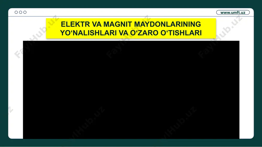 aruvchan elektr maydoni orqali vujudga keladilar. www.umft.uz vektorlar yo‘nalishlari o‘ng parma qonuniga asosan aniqlanadi elektromagnit to‘lqinlar – ko‘ndalang to‘lqinlardir www.umft.uz elektromagnit to‘lqinlar energiyasi elektromagnit to‘lqinlar ko‘chiradigan energiyaning hajmiy zichligi: birlik vaqtda birlik yuza orqali ko‘chiriladigan elektromagnit energiya oqim zichligi deb ataladi. moduli s=eh ga teng bo‘lgan elektromagnit to‘lqin tarqalishi yo‘nalishi bilan mos tushadigan elektromagnit energiyasi oqimi zichligining vektori umov-poynting vektori deb ataladi. = [] vakuumda, sinusoidal to‘lqindagi elektromagnit to‘lqin energiyasi oqimi zichligining o‘rtacha qiymati: =[] www.umft.uz elektromagnit to‘lqinlar shkalasi gamma nurlar ( 0,0008 nm dan 0,03 nm gacha) reyntgen nurlar (0.01 nm dan 10 nm gacha) ultrabinafsha nurlar (5 nm dan 400 nm gacha) infraqizil nurlar (780 nm dan 0,5 mm gacha) radioto‘lqinlar (0,5 mm dan 10 m gacha) qisqa chastotali to‘lqinlar (10 m dan katta) 1 2 6 5 7 3 ko‘zga ko‘rinuvchi nurlar (380 nm dan 780 nm gacha) nm hz nm nm nm nm nm mkm mkm …