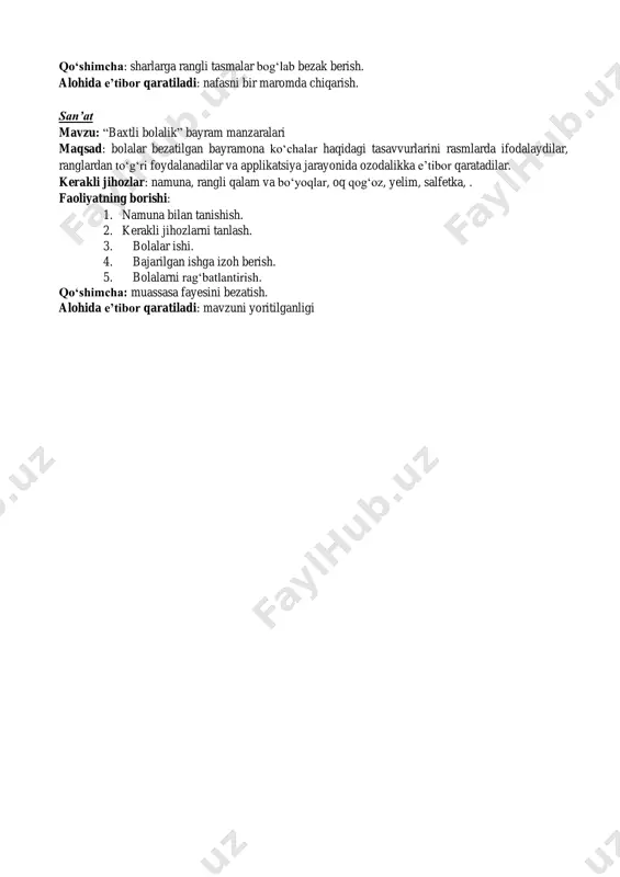 arayonining rivojlanishi geometrik shakllardan foydalangan holda qurilgan buyumlarni tahlil qilish, ularni farqlashni mustahkamlash.vaqt haqidagi tushunchalarini kengaytirish.yoz oylarida kattalar mehnati bilan tanishtirishdadavom etish.gullar va qushlar mavzusidagi bilimlarini kengaytirish. ijodiy rivojlanish qog‘oz sathida ishlashni о‘rgatish, loy ishlarida ikki va uch qismli buyumlarni yaratishni mashq qilishda davom etish, uchi tо‘mtoq bо‘lgan qaychi bilan uzun-qisqa lentachalarni qirqish orqali qaychi bilan ishlash malakasini mustahkamlash. rivojlantirish markazlari talim-tarbiyaviy faoliyat dushanba seshanba chorshanba payshanba juma resurslar erkin faoliyat qurish-yasash va matematika qushlar uchun shinam uy quramiz pazllardan gulzor yaratamiz qurilish materiallari, lego konstruktor, turli kattalikdagi g‘ishtlar syujetli rolli о‘yinlar va sahnalashtirish “gullar ” dо‘koni niqoblar, jihozlar, disk, akt, kostyumlar til va nutq qushlar bizning dо‘stimiz rasmlar asosida hikoya tuzish ta’limiy о‘yin.” bu qaysi qushning bolasi”. mavzu asosida suratlar, akt materiallari fan va tabiat gullarning turiga qarab saralash tabiatda: gullarni parvarishlash (gullarning tagini yumshatish, suv quyish) suv, maxsus idishcha, naychalar sanat “afsonaviy gul” rasm, applikatsiya usullari yordamida ertakdagi …