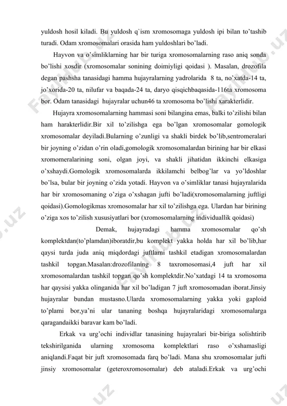 aploid to’plami bor,ya’ni ular tananing boshqa hujayralaridagi xromosomalarga qaragandaikki baravar kam bo’ladi. erkak va urg’ochi individlar tanasining hujayralari bir-biriga solishtirib tekshirilganida ularning xromosoma komplektlari raso o’xshamasligi aniqlandi.faqat bir juft xromosomada farq bo’ladi. mana shu xromosomalar jufti jinsiy xromosomalar (geteroxromosomalar) deb ataladi.erkak va urg’ochi individda o’z to’zilishiga ko’ra bir xil bo’ladigan boshqa juftlar autasomalar deb ataladi. odamning xromosoma komplekti so’nggi yillarda sinchiklab tekshirildi.jinsiy hujayralarda gaploid to’plam 23 ta xromosoma,tana hujayralarida esa diploid to’plam 23 juft xromosoma bor. xromosomalarning hammasi batafsil tasvir etilgan va ularga kattaligi kamayib boradigan tartibda nomer qo’yib chiqilgan. 22-juft xromosoma( autosoma) erkaklar bilan ayollarda bir xil bo’ladi; 23-juft xromosoma –jinsiy xromosomalar ayollarda ikkita yirik x – xromosomadan tashkil topgan, erkaklarda bittaq yirik x –xromosoma va bitta kichik y- xromosoma bo’ladi. xromosomalar doim bir xil sonda va o’ziga xos tarzda (individual) bo’lishi hammada murakkab to’zilganligi bajaradigan funksiyalarning muhimligidan darak beradi. xromosomalar hujayraning asosiy genetik apparati funksiyasini bajaradi. tekshirishlar ularda …