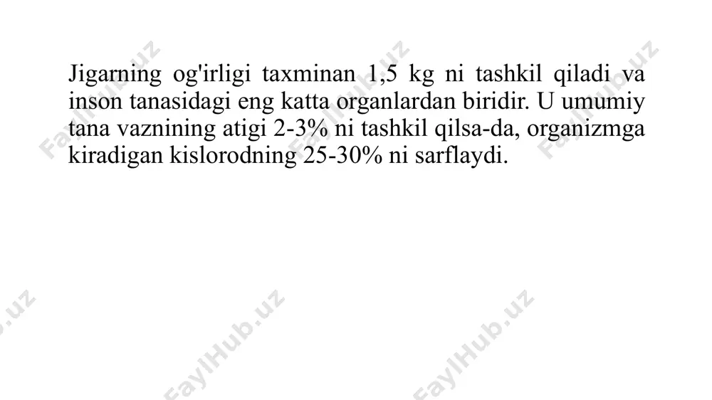 a boshqa ksenobiotiklar jigarda inaktivlanadi va qutbli metabolitlarga aylanadi. zaxira funksiyasi. jigar energiyani (glikogen shaklida), shuningdek, ozuqa moddalari, minerallar, mikroelementlar va vitaminlar, jumladan temir, retinol, a, d va k vitaminlari, folat va b12 ni saqlaydi. jigarning metabolik zonalari jigar taxminan 3×1011 hujayradan iborat (asosan, jigar hujayralarining umumiy massasining 80% gacha bo'lgan gepatotsitlar); aynan shu erda oraliq metabolizmning asosiy reaktsiyalari sodir bo'ladi. jigarda gepatotsitlardan tashqari epiteliya hujayralari, kupfer hujayralari va yulduzsimon hujayralar (ito hujayralari) mavjud. rasmning chap qismida jigar fragmentining bir qismi ko'rsatilgan. gepatotsitlar qon bilan yaqin aloqada bo'lib, jigarga darvoza venasi va jigar arteriyalari (chapda), sinusoidlar orqali o'tadi va jigarning markaziy venalarida (o'ngda) yig‘iladi. gepatotsitlarning metabolik funktsiyasi ularning ichki jigar (enterogepatik) kapillyarlarga (sinusoidlar) (metabolik zonalar) nisbatan lokalizatsiyasiga bog'liq. periportal zonaning gepatotsitlari (chap, pushti) perivenoz zonaning gepatotsitlaridan (o'ng, ko'k) farq qiladi. uglevodlar metabolizmi glyukoza yog‘ kislotalari va keton tanalari bilan birga tanadagi asosiy energiya manbai hisoblanadi. glyukoza sintezi va parchalanish jarayonlari …