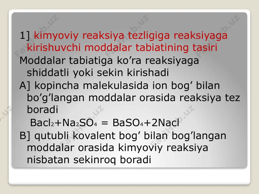 n reaksiya tezligi o‘rtasidagi bog‘liqlikni quyidagi tenglama bilan ifodalash mumkin: bu tenglamada t1 va t2 boshlang‘ich va ohirgi vaqtdagi temperatura, va boshlang‘ich va ohirgi vaqtdagi reaksiya tezligi  – reaksiyaning temperatura koeffitsienti bo‘lib, temperatura har 100 ga ko‘tarilganda reaksiya tezligi necha marta ortishini ko‘rsatadi. u ko‘pincha 2 – 4 oraligidagi qiymatlarga teng bo‘ladi. temperaturaning ko‘tarilishi faol molekulalar soninig ortishiga olib keladi, ularning o‘zaro to‘qnashuvi tufayli reaksiya tezligi ortadi. kimyoviy reaksiyalar mexanizmini aniqlash uchun eksperemental yo‘l bilan reaksiya tartibini aniqlash zarur. reaksiya tartibi - reaksiya tezligi tenglamasidagi reaksiyaga kirishayotgan moddalar konsentratsiyalari darajalari yig‘indisiga teng. masalan: sio(q) + h2(g) = si(q) + h2o(s) = k· c(h2) bu reaksiya 1- tartibli. h2 + i2 = 2hi = k· c(h2) · c(i2) bu reaksiya esa 2- tartibli. reaksiyaning molekulyarligi deb, kimyoviy ta’sirlashishning eng oddiy ko‘rinishida qatnashuvchi molekulalar soniga aytiladi. reaksiyalar 1, 2 va 3 molekulyar bo‘lishi mumkin. 1 ta molekula o‘zgarishi natijasida sodir bo‘ladigan …