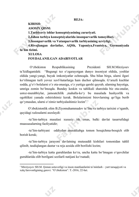 oqiy tarbiya bilan bir qatorda nafosat tarbiyasini amalga oishirish lozim. “inson huquqlari umumjahon deklaratsiyasi”da: “hamma odamlar o‘z qadr-qimmati hamda huquqlarida erkin va teng bo‘lib tug‘iladilar. ularga aql va vijdon ato qilingan. binobarin bir-birlariga nisbatan birodarlarcha ruhda munosabatda bo‘lishlari kerak”(1-modda). o‘zbekiston respublikasi konstitutsiyasida: “yashash huquqi har bir insonning uzviy huquqidir. inson hayotiga suiqasd qilish eng og‘ir jinoyatdir”(24-modda). o`zbekiston respublikasi birinchi prezidenti i.a.karimov ilgari surgan islohotlarning muhim tamoyillaridan biri ijtimoiy siyosatga qaratilishi bilan ajralib turadi. bugun yurtimizda amalga oshirilgan “onalar va bolalar” yili, “inson manfaatlari“ yili , “sog`lom avlod” yili,“homiylar va shifokorlar yili”, “onalar va bolalar yili” “barkamol avlod” yili, “ mustahkam oila”, sog’lom ona va bola yili”yilning davomi sifatida prezident sh.m.mirziyoev tomonidan 2017 yilni “xalq bilan muloqat va inson manfaatlari yili deb e'lon qilindi. 2018-yil “faol tadbirkorlik innovatsion g’oyalar va texnologiyalarni qo’llab quvvatlash yili ham davlatimizning xalqimizga qilayotgan g`amxo`rligi insonparvarlik timsolining negizi sifatida amalga oshirilmoqda. insonparvarlik(«inson» — arabcha; «parvar» — fors-tojikcha; …