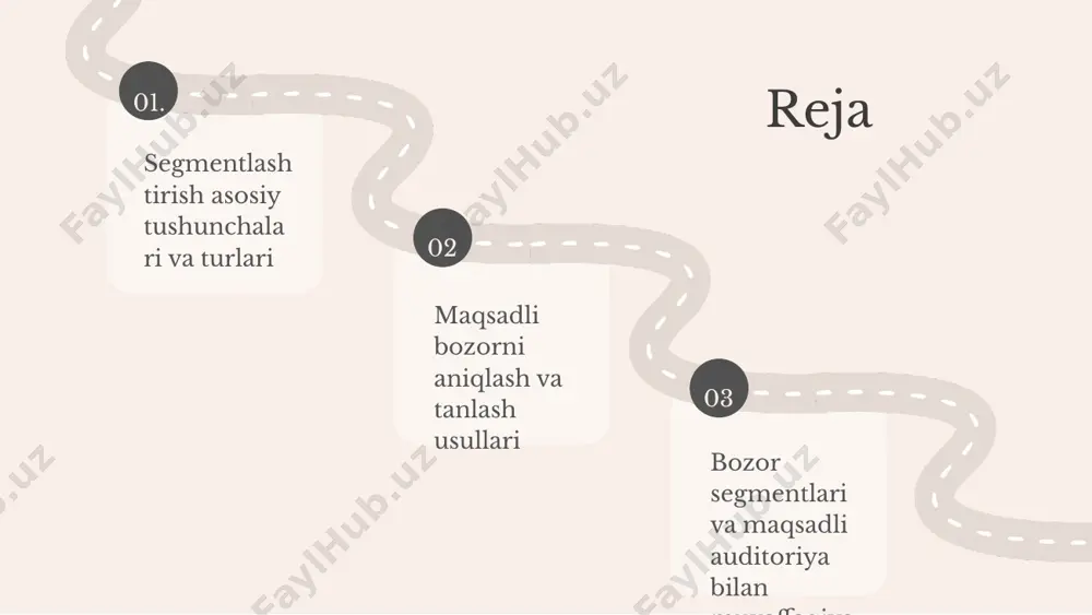 ojlar va strategik maqsadlar muhim omillardir. segmentlashtirishning foydalari kompaniyalar segmentlarga mos mahsulotlar taklif qilib, mijozlarning qoniqishini oshiradi va sotuvlarni ko'paytiradi. marketing strategiyalarini optimallashtirish uchun, segmentlarga mos yondashuvlar qo'llaniladi, bu reklama va resurslarni tejashga yordam beradi. raqobat ustunligini oshirish uchun, kompaniyalar o'z segmentlarini aniqlab, raqobatchilardan ajralib turadigan takliflar ishlab chiqadi. photo by declan sun on unsplash 1 2 3 bu slid bozorni segmentlashtirish jarayonidagi muhim qiyinchiliklarni ko'rsatadi. ma'lumotlarni to'plashdagi muammolar, segmentlar o'rtasidagi farqlarni aniqlashdagi qiyinchiliklar va o'zgaruvchan bozor sharoitlariga moslashish muhim muammolar sifatida ta'kidlanadi. bu muammolarni hal qilish uchun samarali metodlar va texnologiyalarni joriy etish zarur. segmentlashtirish jarayonidagi qiyinchiliklar photo by marten bjork on unsplash maqsadli bozorni aniqlash jarayoni maqsadli bozorni aniqlashning ahamiyati maqsadli bozorni aniqlash marketing strategiyalarining muvaffaqiyati uchun muhimdir. bu, mijoz ehtiyojlarini tushunishga yordam beradi. bozor segmentlari yordamida resurslarni to'g'ri taqsimlash va mijozlar ehtiyojlariga mos takliflar ishlab chiqish mumkin. bozorni segmentlashtirishning asosiy bosqichlari bozorni tahlil qilish, ehtiyojlar va xususiyatlar …
