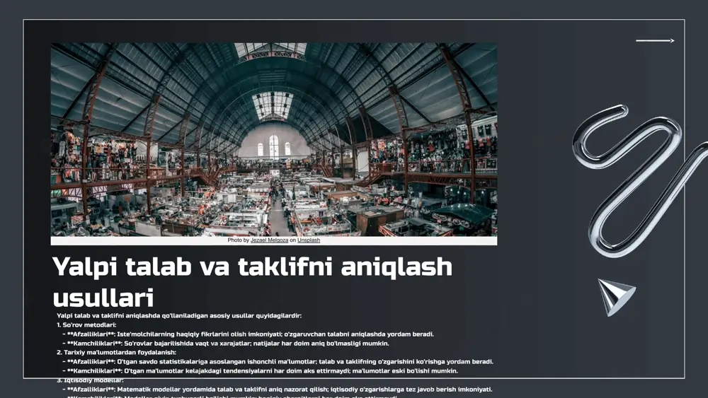 ab va taklif bir-birini to'ldiradi va iqtisodiy tizimning asosiy elementlaridir. - iqtisodiy omillar, masalan, narxlar, iste'molchilarning daromadlari va ishlab chiqaruvchilarning xarajatlari, muvozanatlikni ta'minlashda muhim rol o'ynaydi. bu omillar muvozanatni o'zgartirishi mumkin. - talab va taklif o'rtasidagi muvozanatni saqlash iqtisodiyotning barqarorligini ta'minlaydi. muvozanat mavjud bo'lganda, iqtisodiy o'sish va rivojlanishga zamin yaratadi. - talab va taklifning o'zgarishi iqtisodiy sharoitlar bilan to'g'ridan-to'g'ri bog'liq. iqtisodiy inqiroz yoki o'sish davrlarida talab va taklif o'zgarishi mumkin. yakuniy fikrlar: - har bir iste'molchi va ishlab chiqaruvchi o'zaro bog'liqligini tushunishi zarur. bu tushuncha, iqtisodiy muvozanatni saqlashda yordam beradi. - o'zgaruvchan iqtisodiy sharoitlarda muvozanatni saqlash uchun strategiyalar ishlab chiqish muhimdir. bu strategiyalar iste'molchilar va ishlab chiqaruvchilar uchun barqarorlikni ta'minlaydi. e'tiboringiz uchun rahmat! image1.png image2.png image3.png image4.png image5.png image6.png image7.png image8.png image9.png image10.png image11.png image12.png image13.png image37.jpg image14.png image15.png image16.png image17.png image18.png image34.png image35.png image36.png