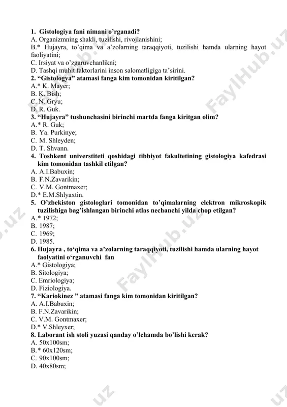 in eritmasi; c. * kaliy bixromat eritmasi; d. magniy sulfat eritmasi; 11. buyum oynalari qanday saqlanadi? a. * spirt va efir aralashmasi solingan shisha bankada; b. qurituvchi shkafda; c. kyuvetlarda; d. petri kosachasida. 12. qoplama oynalar nima uchun ushlatiladi? a. gistologik kesmalarni joylashtirish uchun; b. turli suyuqliklardan oz miqdorda o’lchab olish uchun; c. gistologik batareyalar hosil qilish uchun; d. * ishlovdan o’tgan kesmalarni qoplash uchun. 13. murakkab fiksatorlarni aniqlang. a. * muller, fleming, navashin, maksimov va boshqa suyuqliklar; b. oddiy suv, uksus kislotasi, maksimov va boshqa suyuqliklar; c. spirt, navashin, maksimov suyuqliklari; d. formalin, fleming, suv va boshqalar; 14. oddiy fiksatorlarni belgilang. a. formalin, senker suyuqligi, atseton, selloidin; b. muller suyuqligi, etil spirti, selloidin, atseton; c. buen suyuqligi, karnua suyuqligi, metanol, atseton; d.* formalin, atseton, etil spirti, methanol. 15. materialni suvsizlantirish uchun qanday eritma ishlatiladi? a. ksilol; b. * etil spirt; c. toluol; d. atseton. 16. materialni quyishda keng qo’llaniladigan …