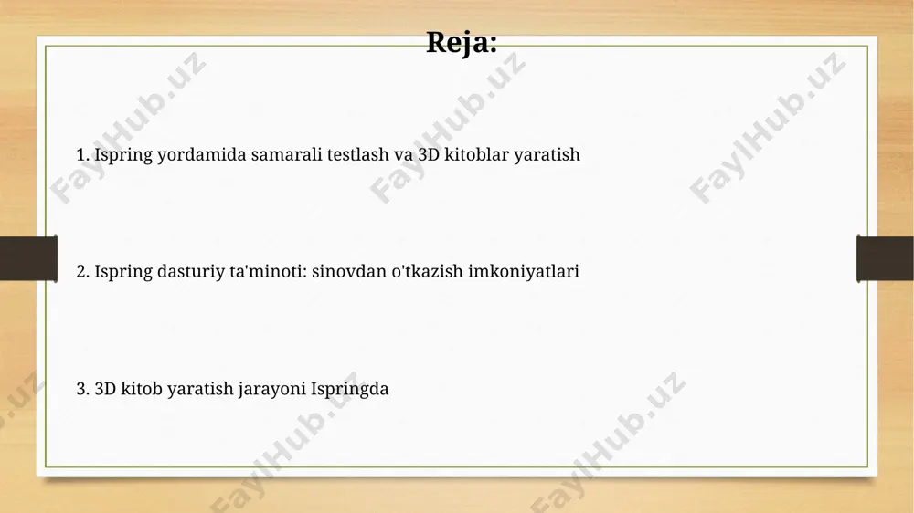 shtiradi. ispring tarkibini .zip yoki .exe kabi 7 xil formatda eksport qilish mumkin, bu esa foydalanuvchilarga turli platformalarda o'z mahsulotlarini tarqatish imkonini beradi. ispring kelajagi va yangilanishlari yangilangan ispring suite’da o'quv materiallari yaratish va sinovdan o'tkazish jarayonini tezlashtiradigan, o'rtacha 30% ga samaradorlikni oshiruvchi yangi avtomatlashtirilgan funksiyalar paydo bo'ladi. ispring jamoasi foydalanuvchilarning fikr-mulohazalari asosida 10 dan ortiq yangi shablon va interfaislardan iborat katta yangilanishni 2025 yilga qadar taqdim etishni maqsad qilgan. interaktiv elementlar qo'shish ispring’dagi interaktiv elementlarni qo'llash orqali o'quv jarayonini 5ta bosqichga bo'lish va har bir bosqichga tegishli testlar va baholash tizimini yaratish imkoniyati mavjud. interaktiv elementlar qo'shish orqali o'quv materiallarining samaradorligini 2 barobarga oshirish va 15% ga ko'proq foydalanuvchi qamrovini ta'minlash mumkin. ispringda testlarni yaratish bosqichlari ispring learn-da yaratilgan testlarni lms platformalariga, masalan, moodle yoki blackboard kabi 20 dan ortiq platformalarga integratsiya qilish mumkin, bu o'quv jarayonini avtomatlashtirishga yordam beradi. ispringda turli formatdagi 10 dan ortiq test turi mavjud: …