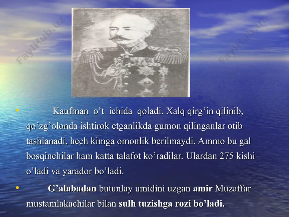 tan himoyachilarini chekinishga majbur qiladi. 1873 yil 18 may kuni kaufman otryadlari amudaryodan kechib o’tib 23 may kuni hazorasp qal’asini bosib oladi. veryovkin qo’mondonligidagi qo’shinlar esa qo’ng’irot, xo’jayli shaharlarini egallaydi. mang’it va uning atrofidagi ovullar dahshatli tarzda qirg’in qilinadi. muhammad rahimxon xiva ixtiyoridagi mavjud kuchlar bilan mudofaa qilib bo’lmasligiga ko’zi yetgach, izmiqsho’r tarafdagi turkman ovuliga borib yashirinadi. bosqinchilar xiva shahrini deyarli jangsiz egallaydilar. xon xazinasi musodara etiladi va shahar aholisi uch kun davomida talon-toroj qilinadi. turkiston general-gubernatori xiva xonini o’z huzriga kelshiini talab etadi. 1873 yilning 12 avgustida kaufman bilan muhammad raximxon ii uchrashadilar va ular o’rtasida gandimiyonda sharmandali o’zaro sulh bitimi imzolanadi. 18 moddadan iborat bu bitim tufayli xiva xonligi o’zining siyosiy mustaqilligini yo’qotadi. «men kim, xiva xoni muhammad raximxon soniy bahodurxon o’zimni ulug’ rus saltanatining quli deb tan olaman», deyilgan edi bitimning birinchi moddasida. xon huzurida saroy amaddorlari va rus qo’mondonlaridan iborat devon (kengash) tuziladi. quyi amudaryoning o’ng …