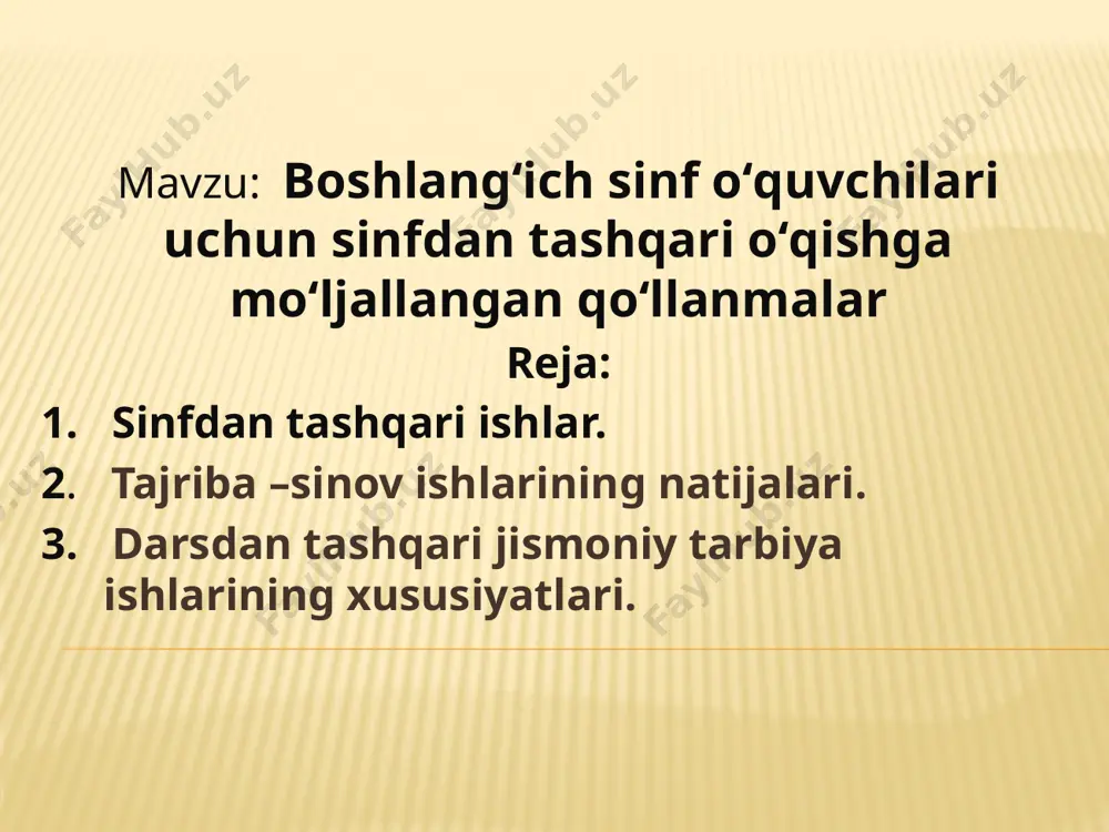 ihslarlda dastlabki bilim, ko’nikma va malakalarini aniqlash uchun o’tkaziladi. bunday baholash natijalari tarbiyaviy ihslarlarni o’rganish bo’yicha tarbiya jarayonining mazmunini, usullari va shakllarini tanlash imkonini beradi. toshkent shahri yakkasaroy tumanidagi 160-maktabda pedagogik amaliyotimiz jarayonida boshlang`ich sinflarda sinfdan tashqari ishlarni tashkil etish va uni o’tkazish usullarini o’rganishda qo’lladik va samarali natijalarga erishdik. tajriba-sinov ishlarining mazkur bosqichini amalga oshirish uchun o’quvchilarning qiziqishlari va mustaqil fikrlashlarini aniqlashga xizmat qiluvchi tarbiyaviy mavzularni belgilab oldik tajriba-sinov ishlarimizning izlanuvchan va ta’kidlovchi bosqichlarida tajriba sinflar o’quvchilarning mustaqil fikr yuritish qobiliyatini rivojlantirish, tarbiyaviy mavzularni mazmunini chuqur o’zlashtirish maqsadida turli usullardan samarali foydalanildi. sinfdan tashqari ishlarni tashkil etish va uni o’tkazish usullari asosida tarbiyaviy ishlarni tashkil etishda o’quvchilarning yosh va individual xususiyatlari, mavzusi va maqsadidan kelib chiqdik. darsdan tashqari jismоniy tarbiya ishlarining хususiyatlari. jismоniy tarbiya buyicha darsdan tashqari ishlar jismоniy mashklar mashgulоtning tashkiliy tizimi bulib, darsdan tashqari vaktlarda maktabda utkaziladi.darsdan tashqari ishlarning vazifasi mazmuni va tashkil kilish yosh avlоdni jismоniy …